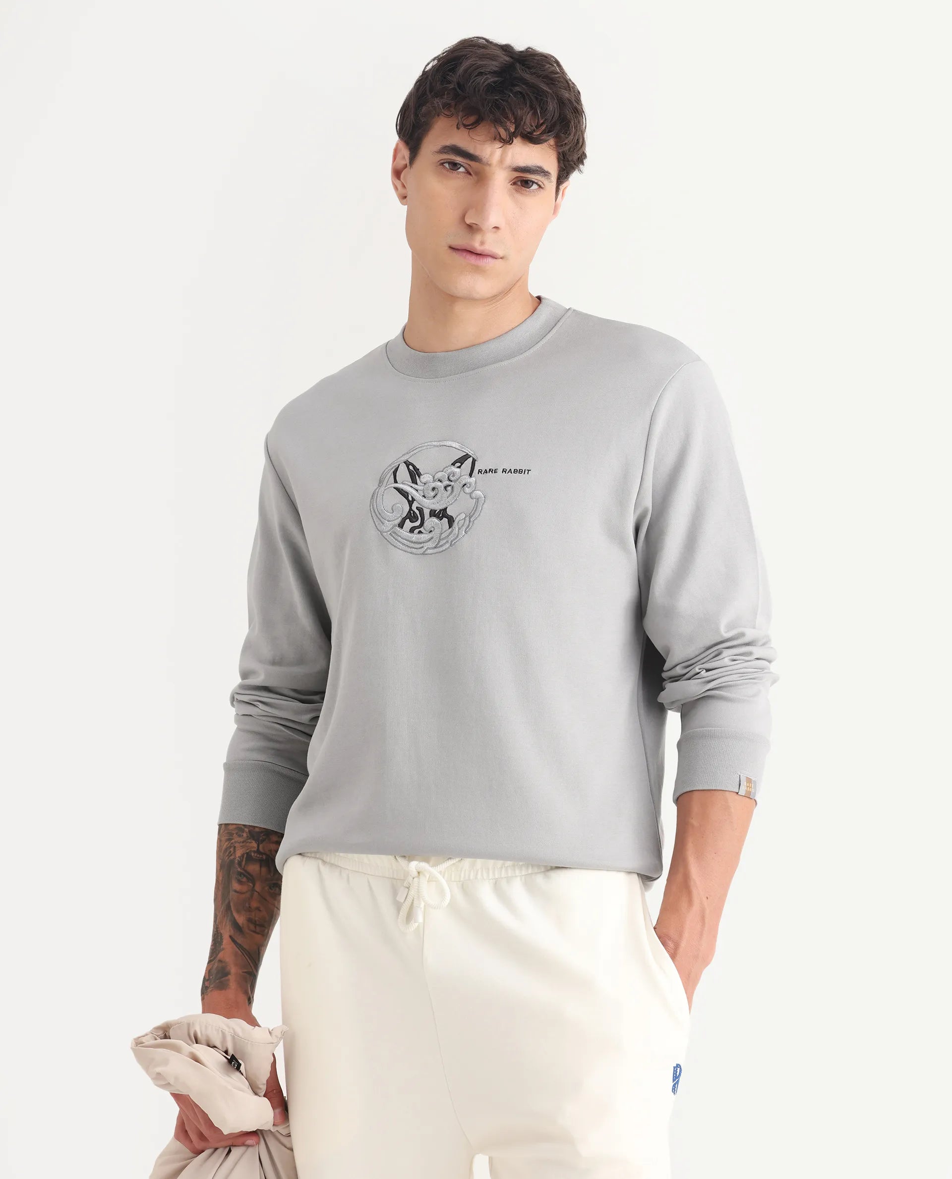 Rare Rabbit Men's Clos Light Grey Cotton Embroidered Regular Fit Full Sleeve Crew Neck Sweatshirt