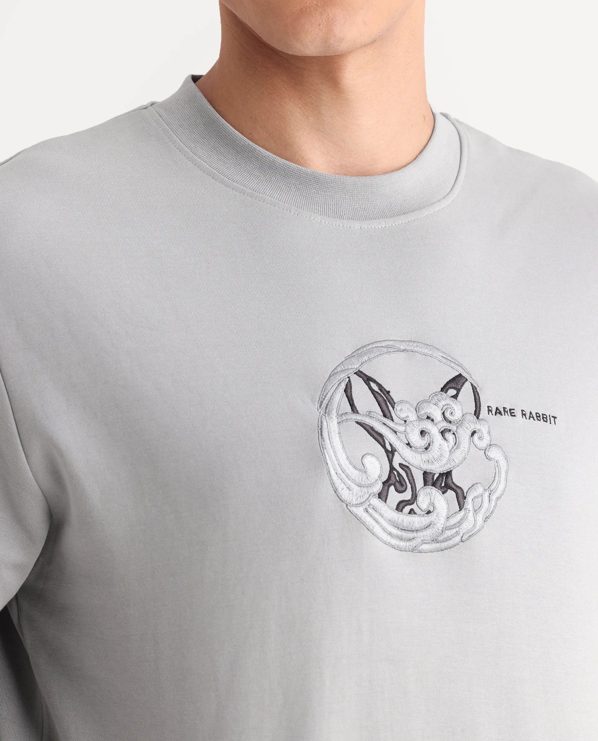 Rare Rabbit Men's Clos Light Grey Cotton Embroidered Regular Fit Full Sleeve Crew Neck Sweatshirt