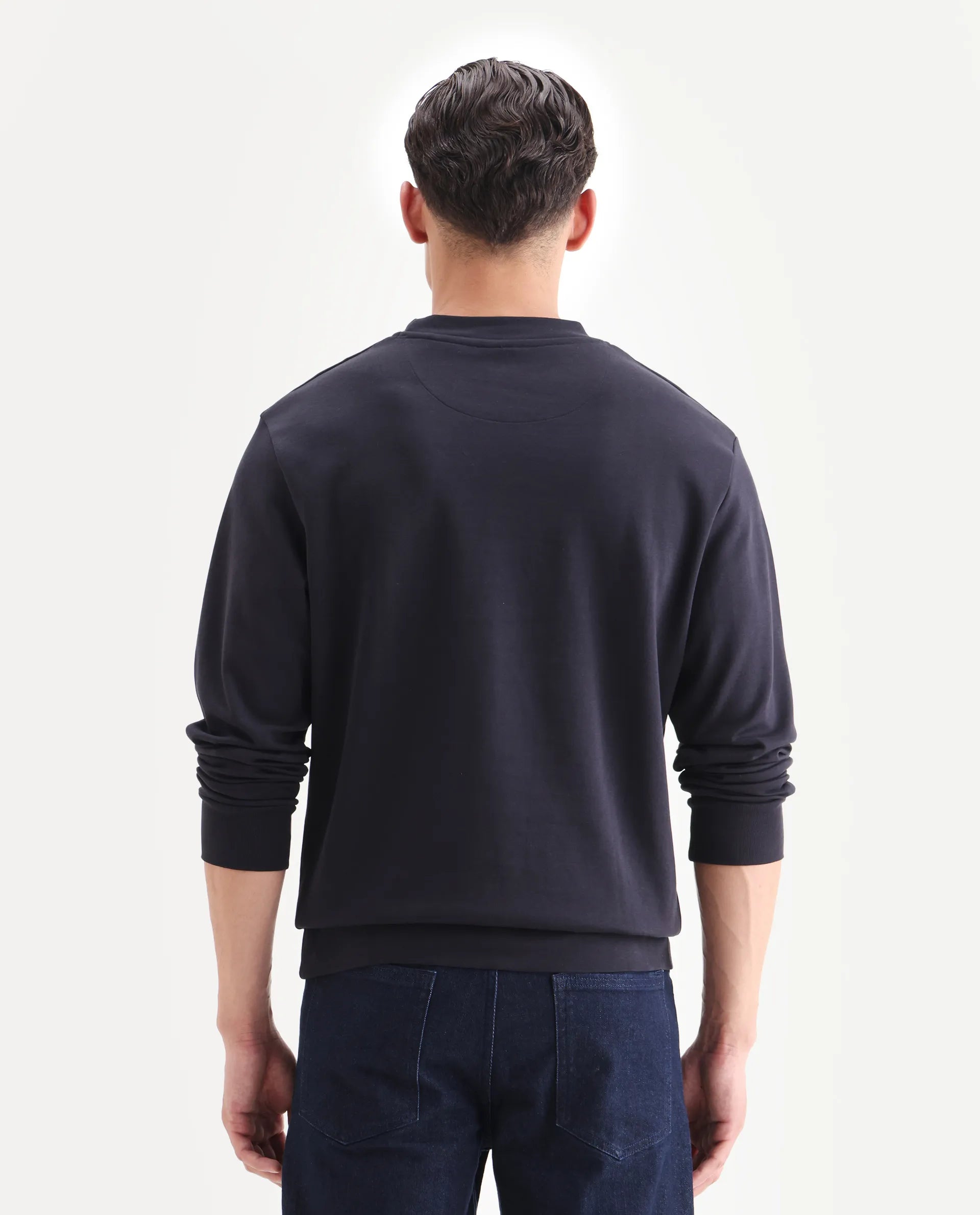 Rare Rabbit Men's Kav Navy Cotton Graphic Print Regular Fit Full Sleeve Crew Neck Sweatshirt