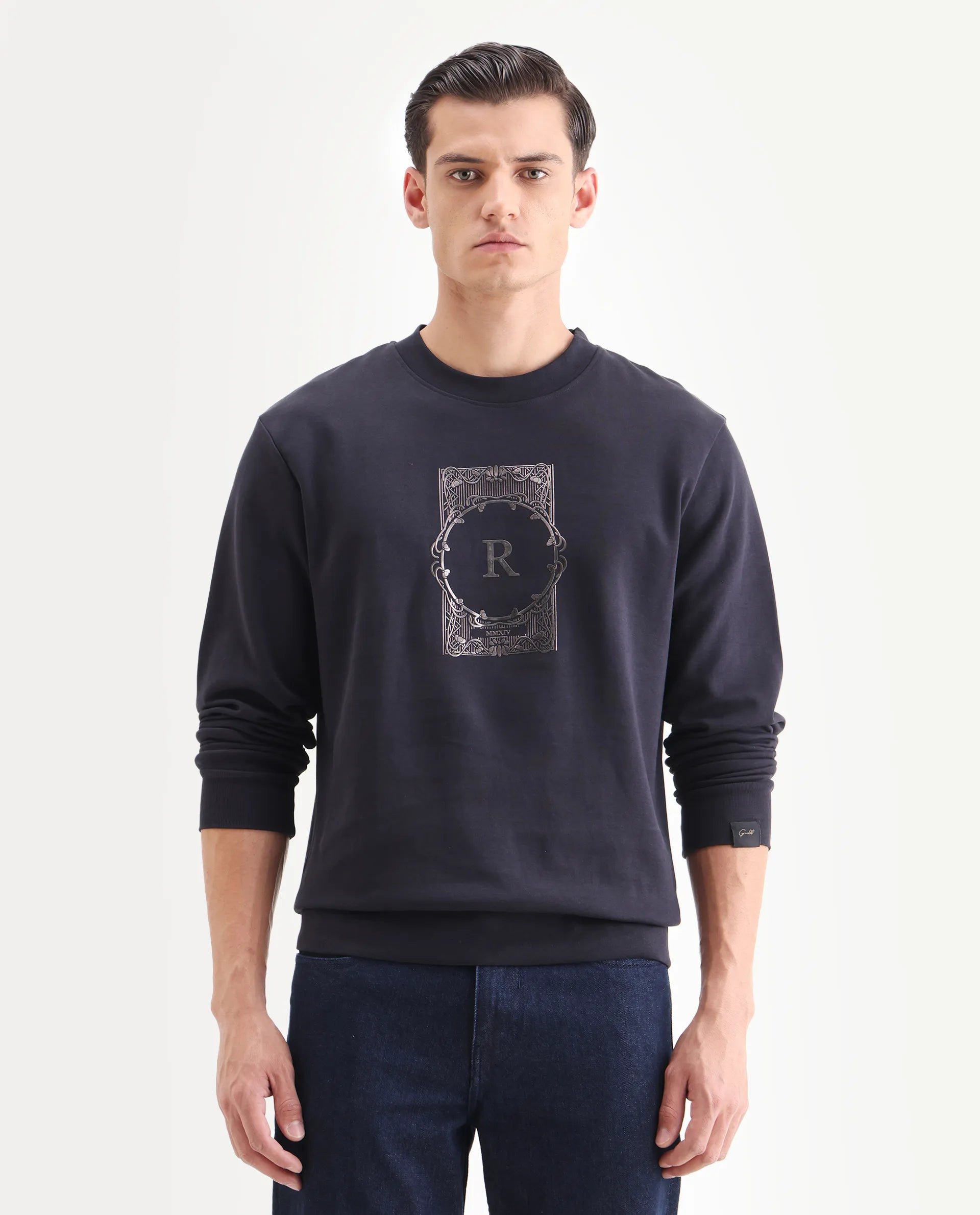 Rare Rabbit Men's Kav Navy Cotton Graphic Print Regular Fit Full Sleeve Crew Neck Sweatshirt