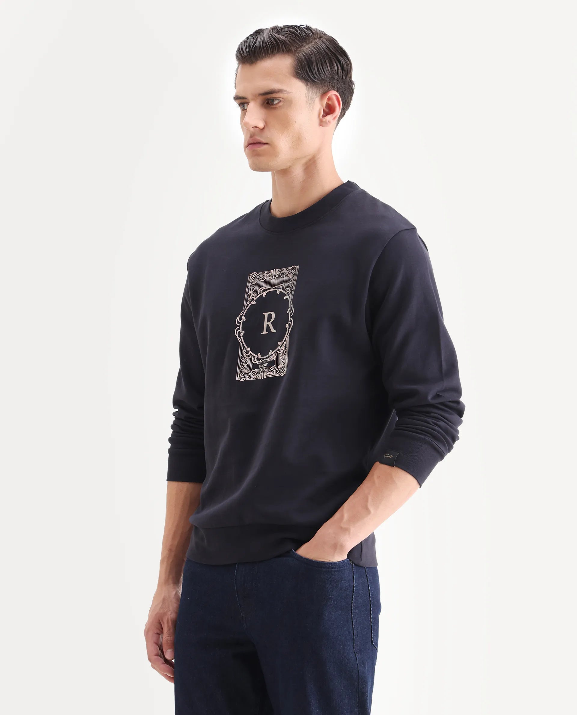 Rare Rabbit Men's Kav Navy Cotton Graphic Print Regular Fit Full Sleeve Crew Neck Sweatshirt