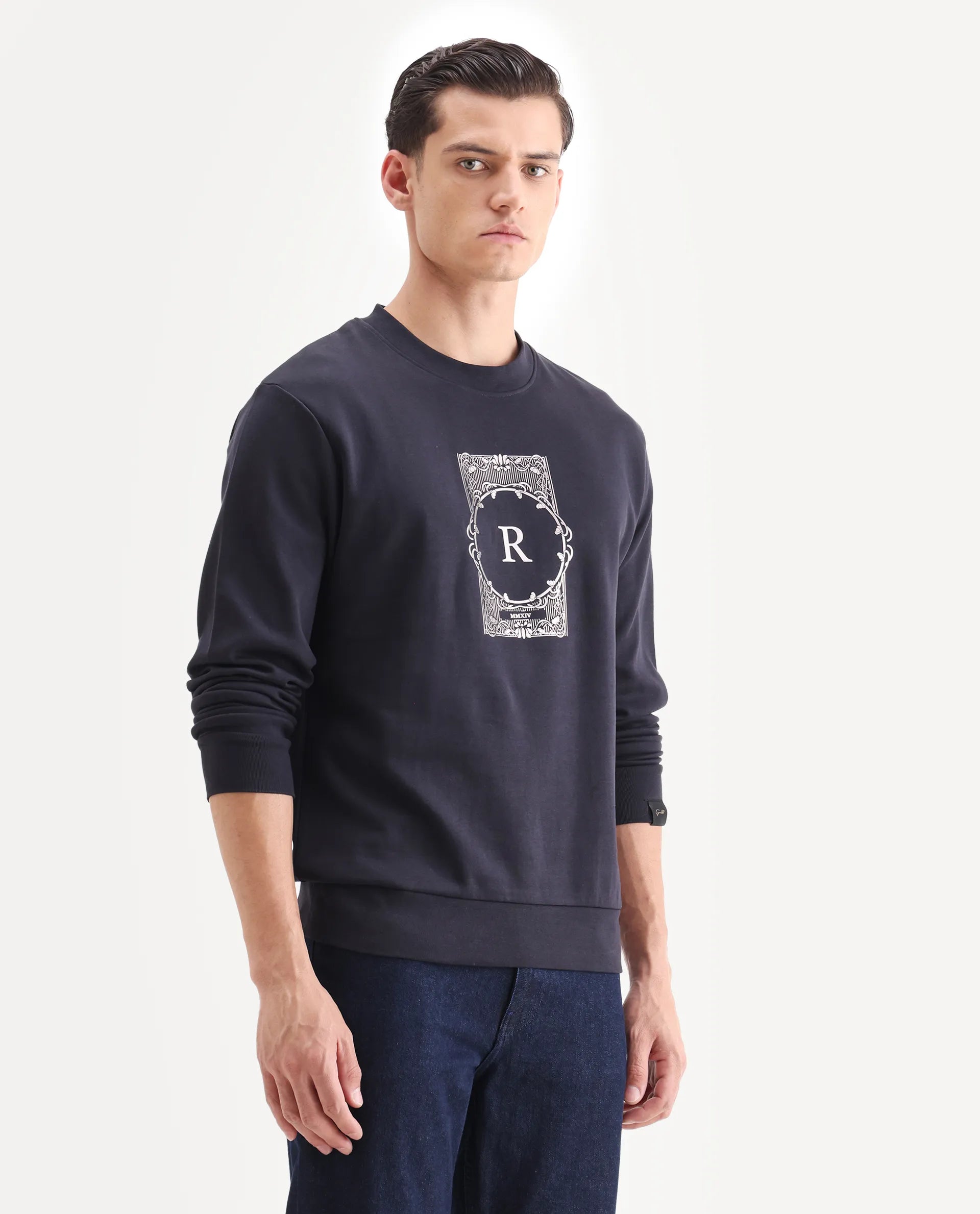 Rare Rabbit Men's Kav Navy Cotton Graphic Print Regular Fit Full Sleeve Crew Neck Sweatshirt