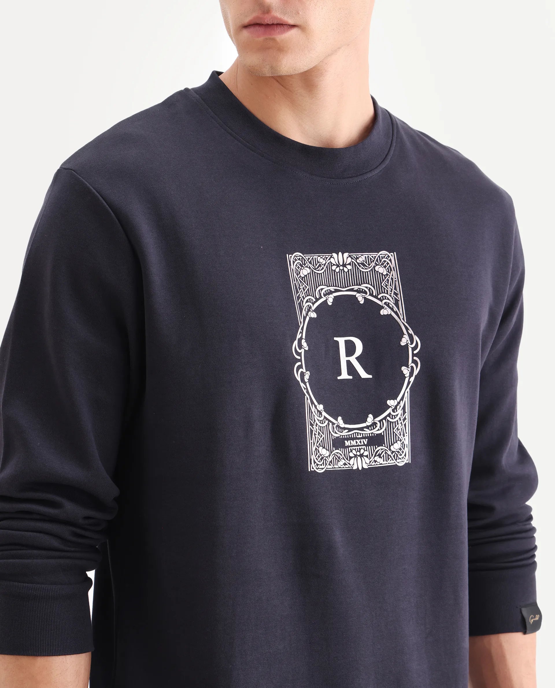 Rare Rabbit Men's Kav Navy Cotton Graphic Print Regular Fit Full Sleeve Crew Neck Sweatshirt