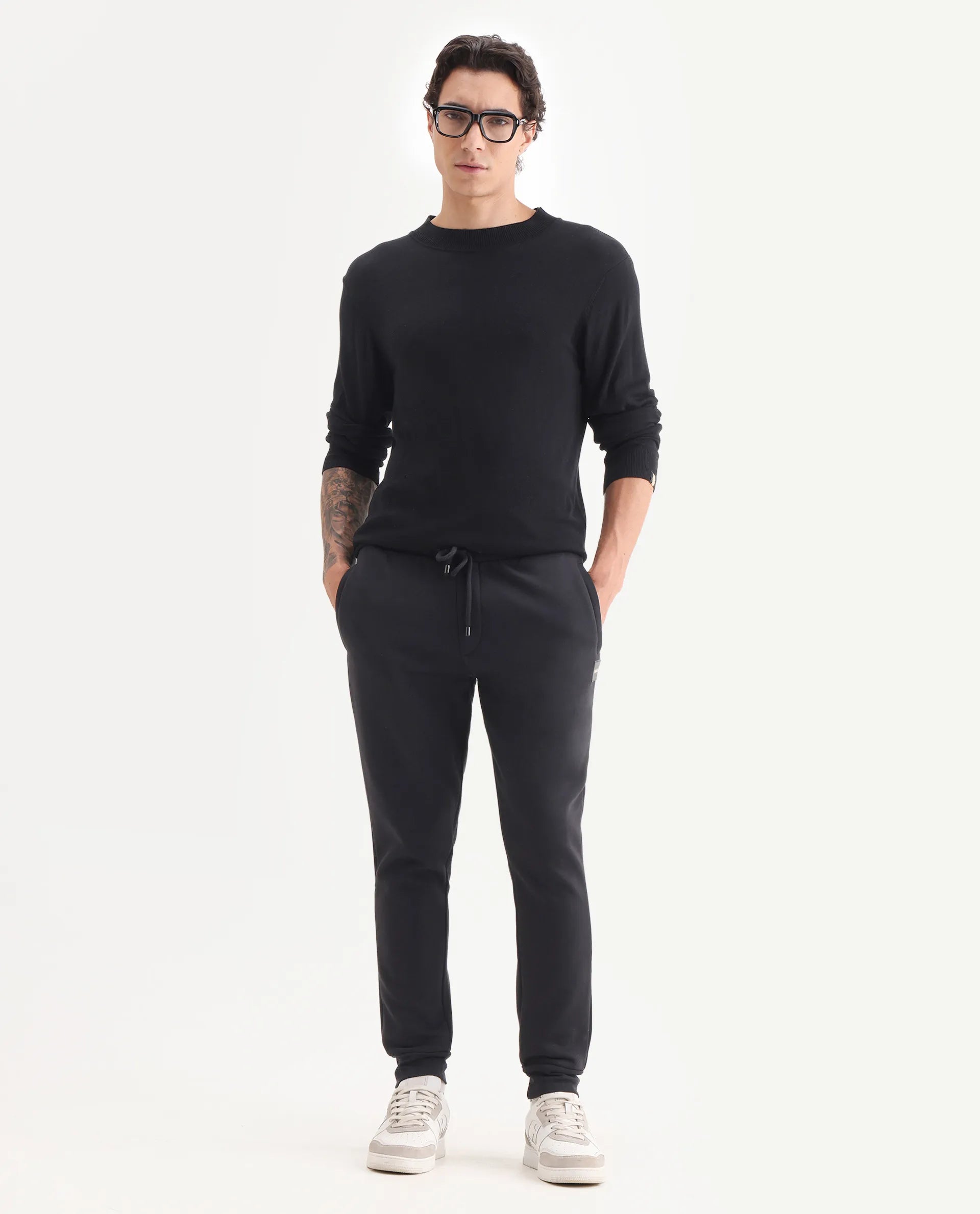 Rare Rabbit Men's Ander Black Cotton Plain Regular Fit Track Pant