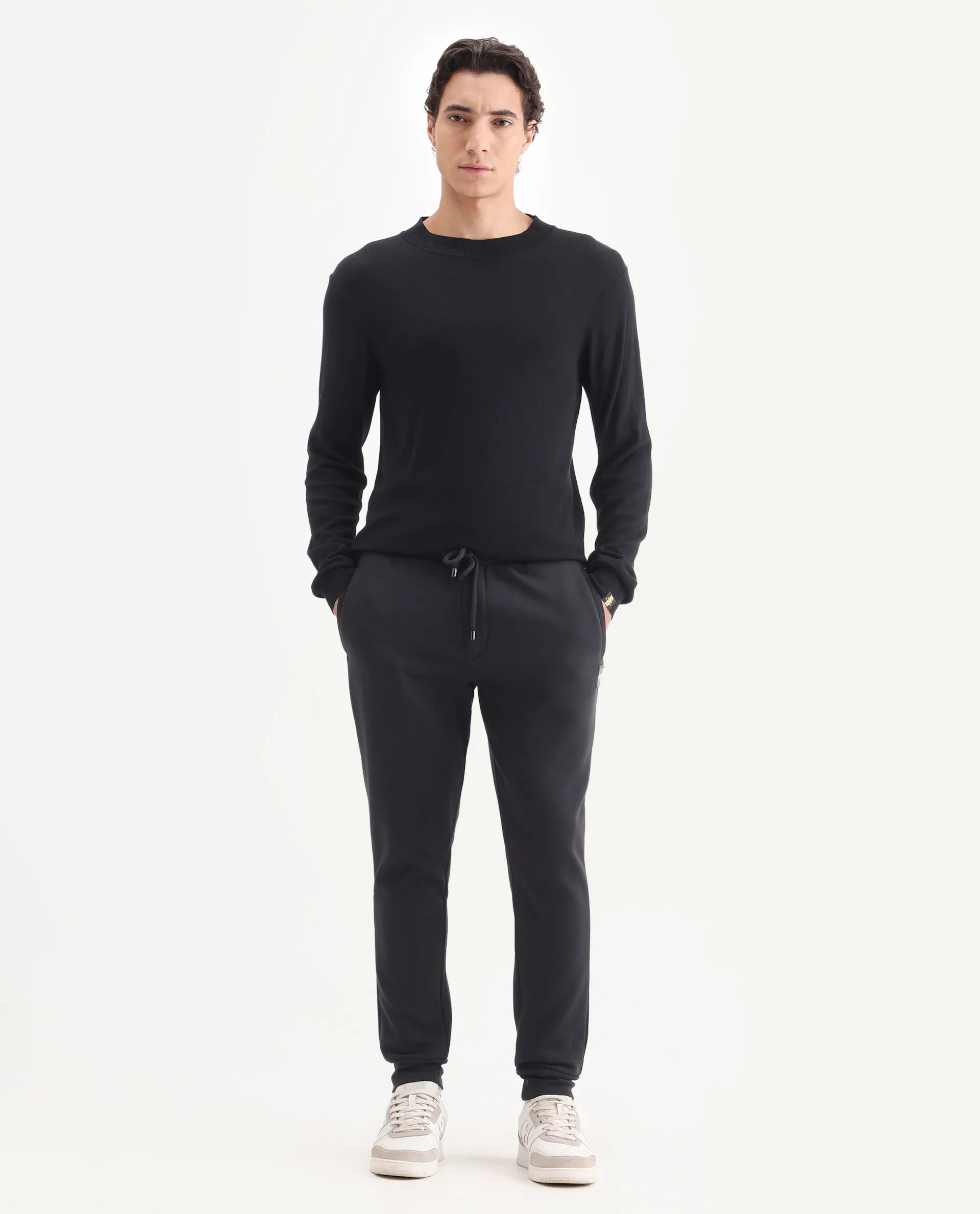 Rare Rabbit Men's Ander Black Cotton Plain Regular Fit Track Pant