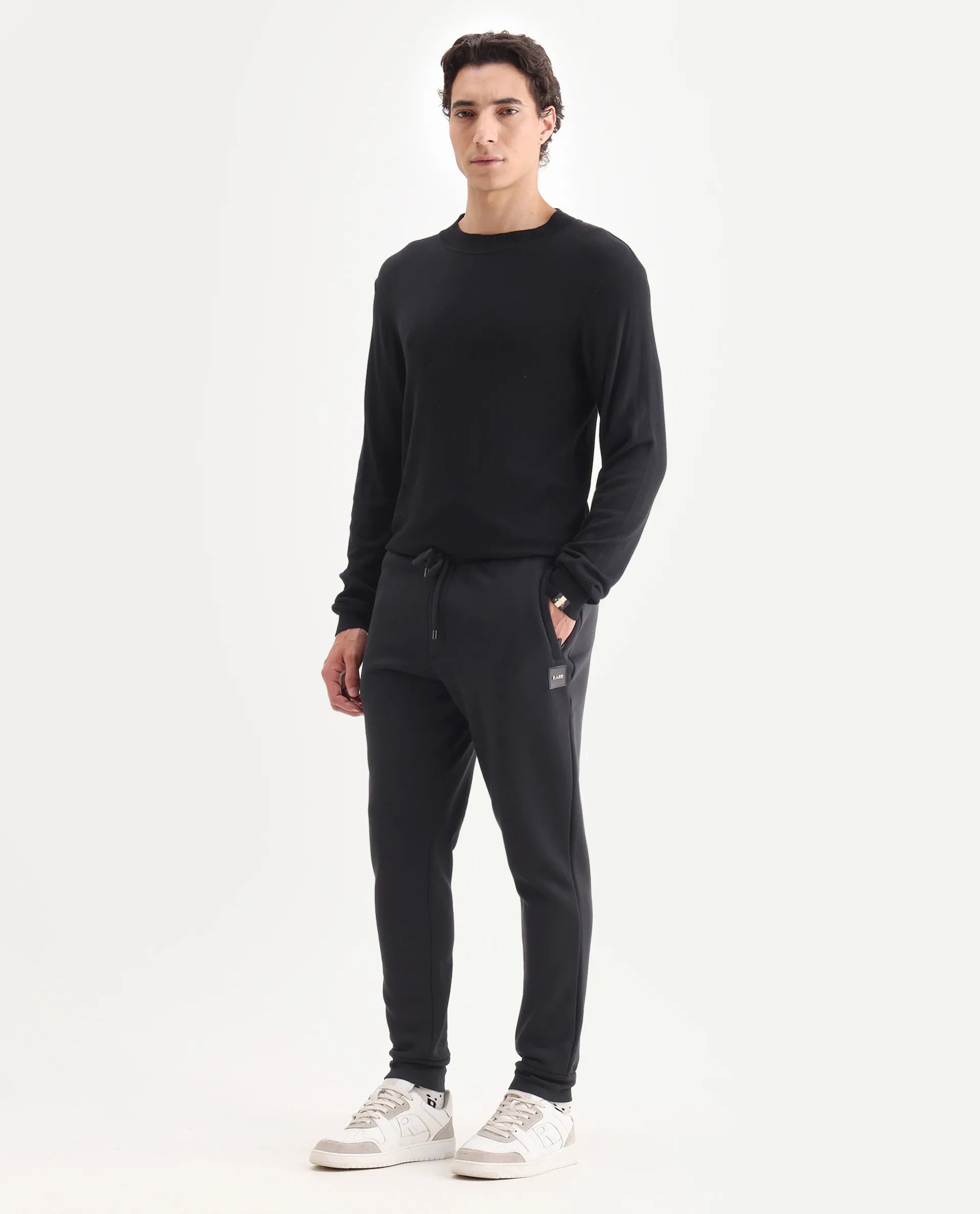 Rare Rabbit Men's Ander Black Cotton Plain Regular Fit Track Pant