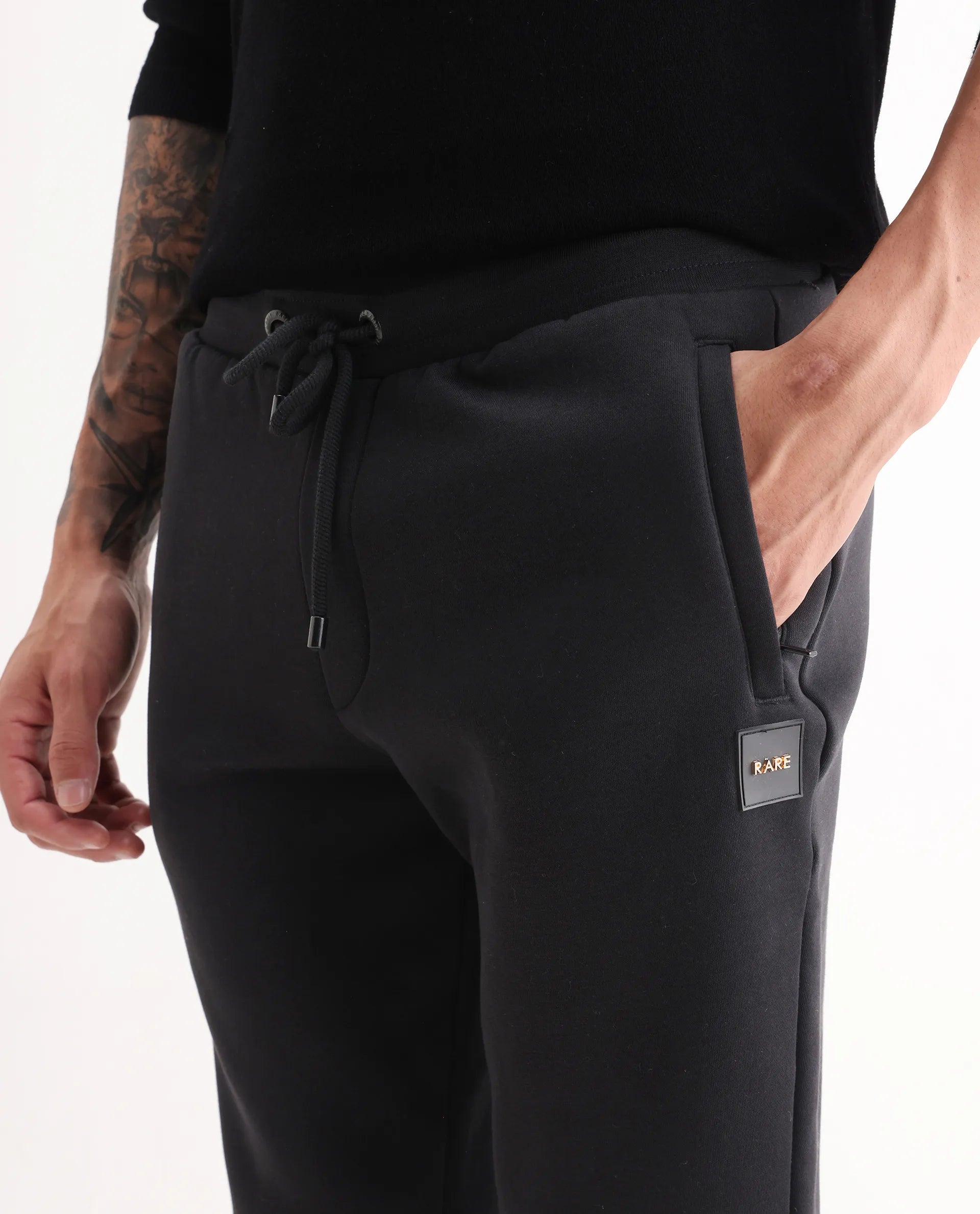 Rare Rabbit Men's Ander Black Cotton Plain Regular Fit Track Pant