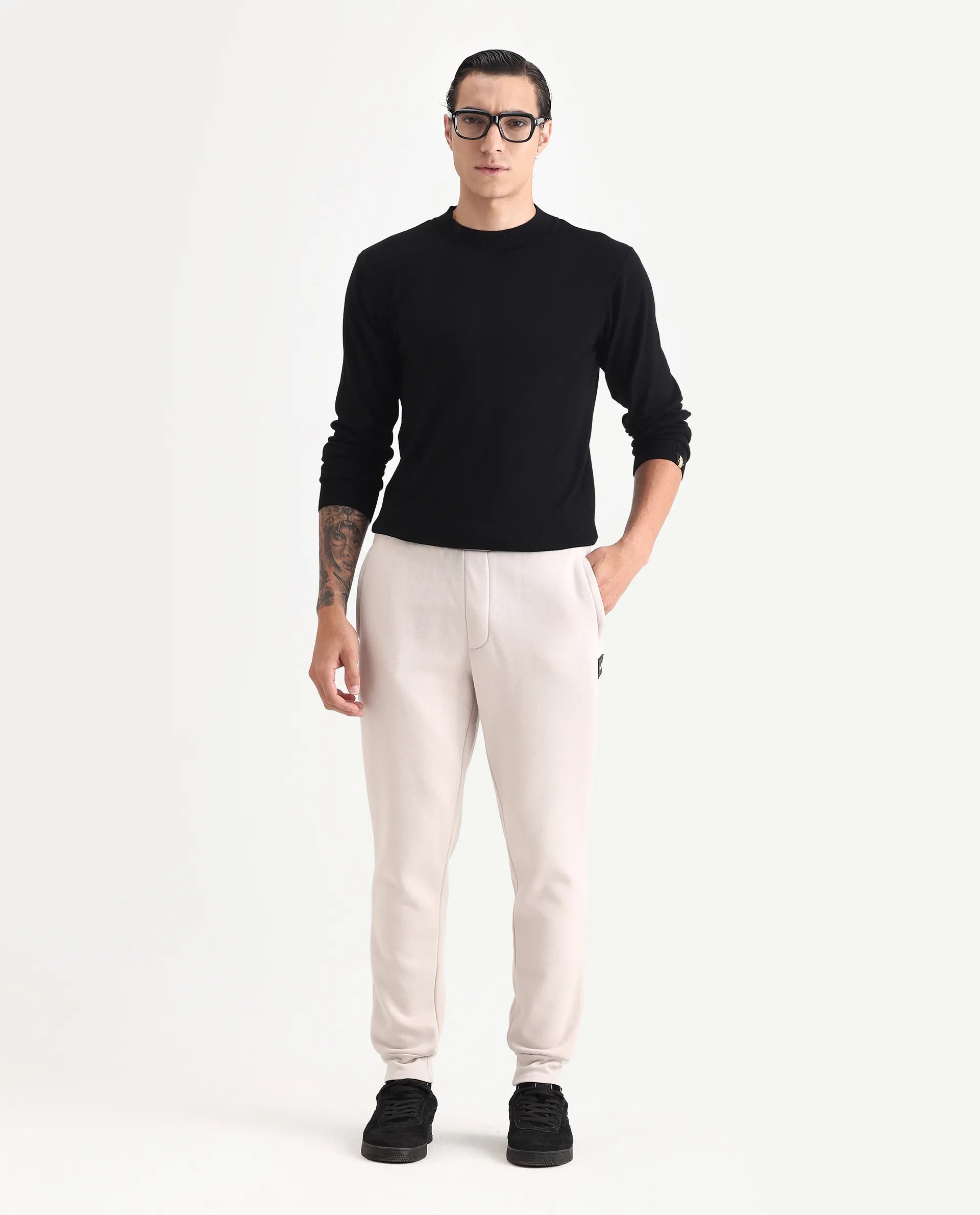 Rare Rabbit Men's Ander Off White Cotton Plain Regular Fit Track Pant