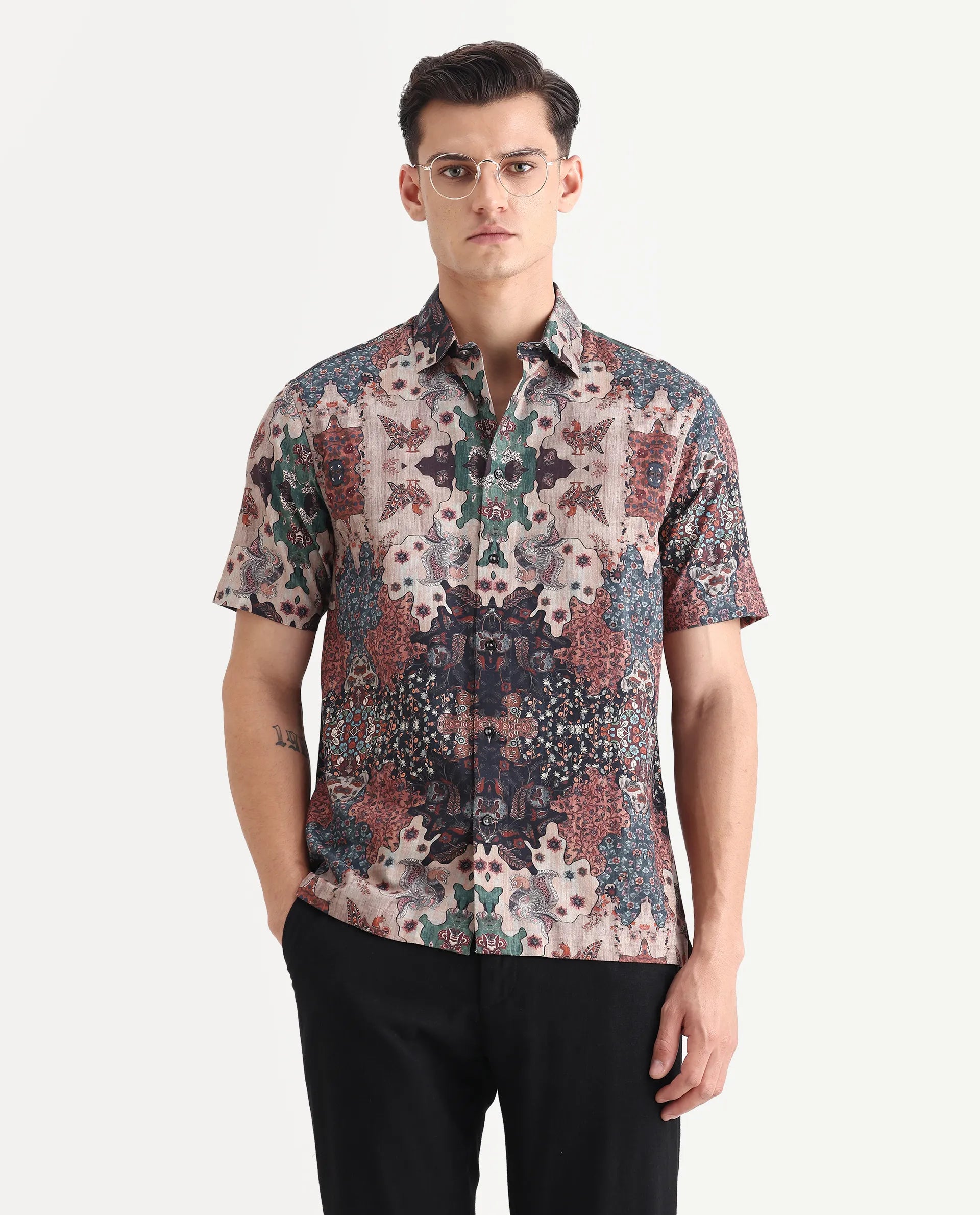 Rare Rabbit Men's Troco Ss Brown Cotton Blend Decorative Print Boxy Fit Half Sleeve Collared Shirt