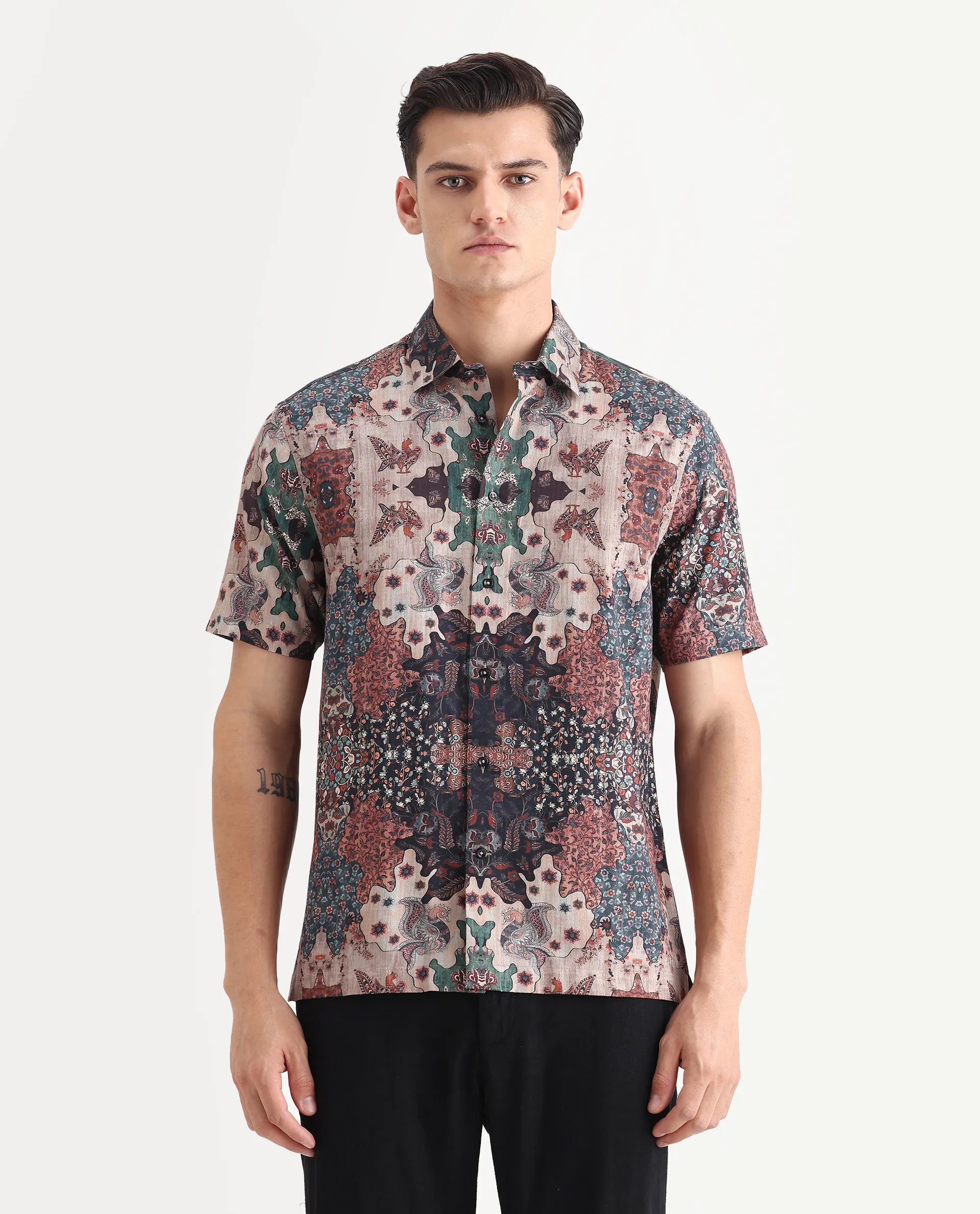 Rare Rabbit Men's Troco Ss Brown Cotton Blend Decorative Print Boxy Fit Half Sleeve Collared Shirt