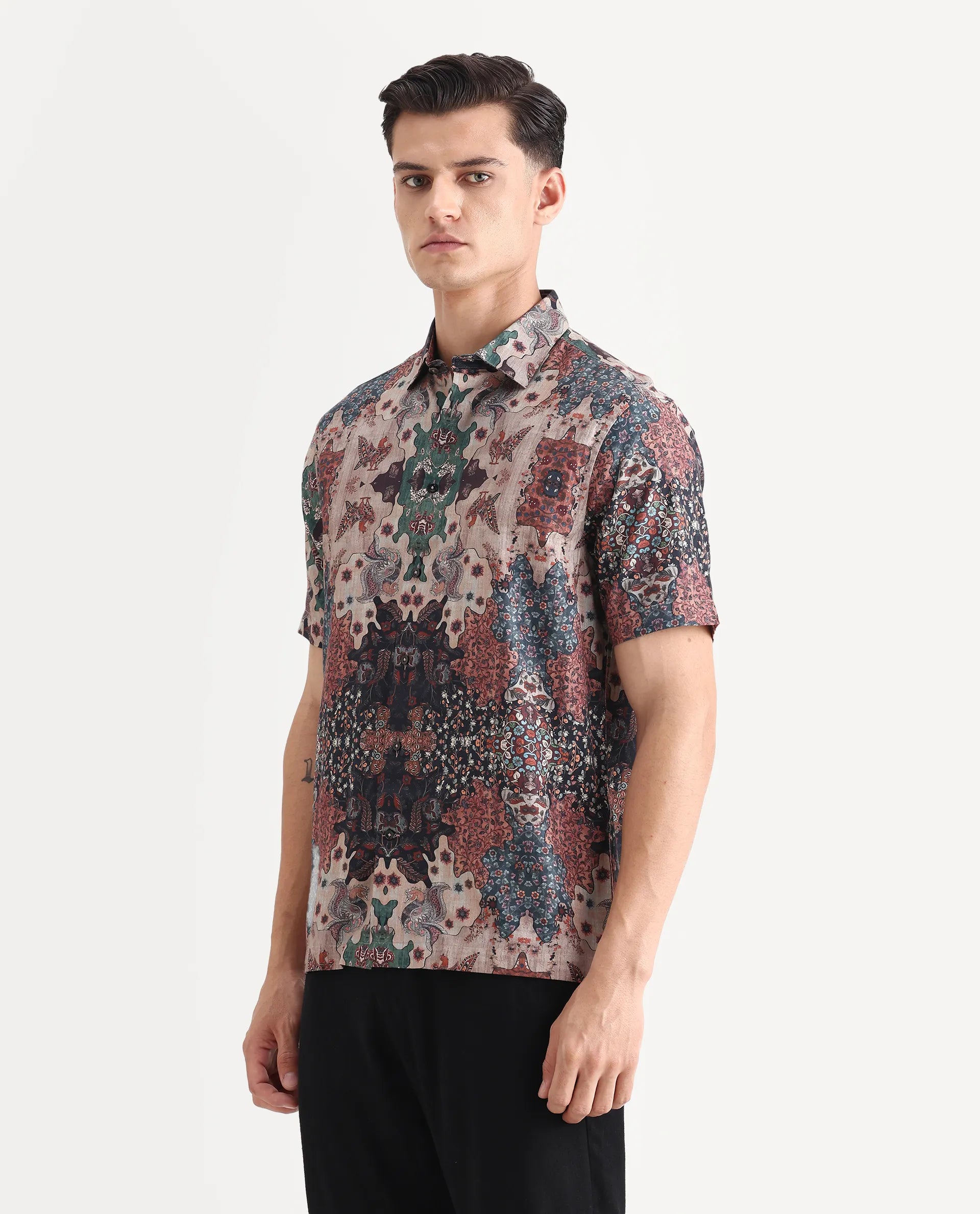 Rare Rabbit Men's Troco Ss Brown Cotton Blend Decorative Print Boxy Fit Half Sleeve Collared Shirt