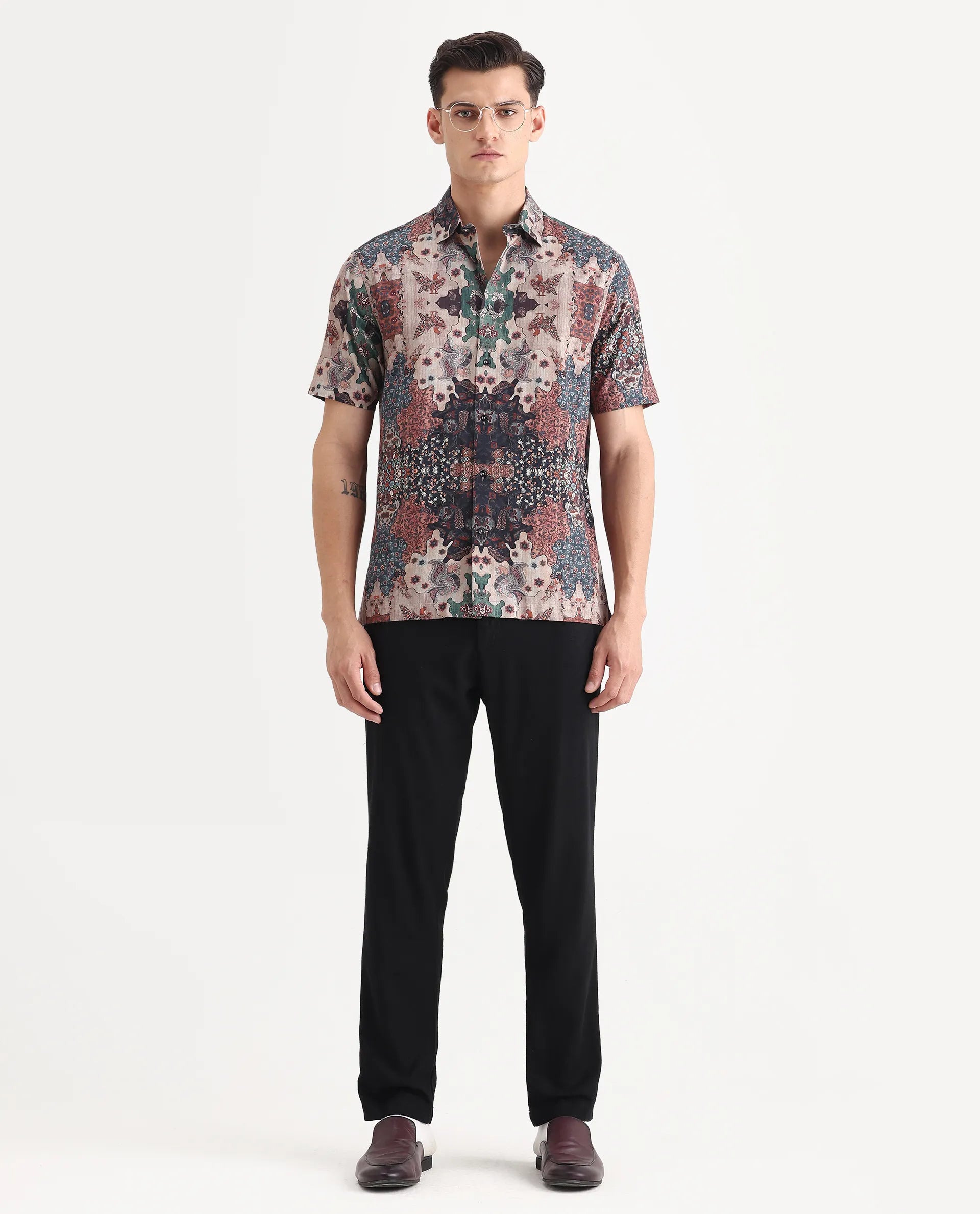 Rare Rabbit Men's Troco Ss Brown Cotton Blend Decorative Print Boxy Fit Half Sleeve Collared Shirt