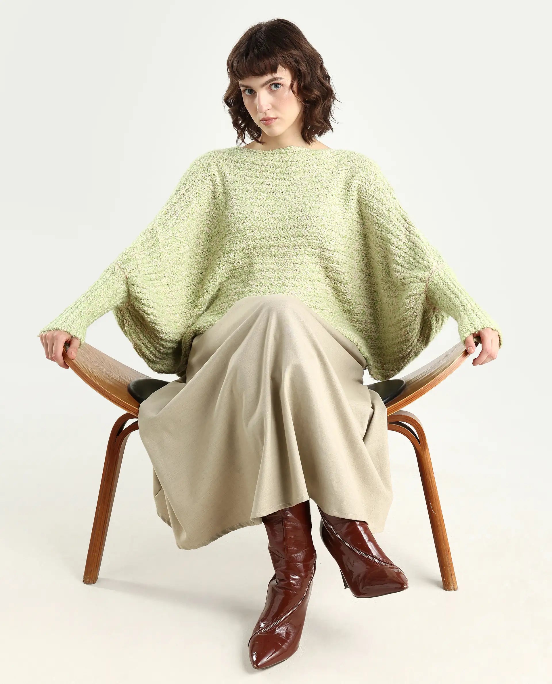 Rareism Women's Taro Dusky Green Polyester Off Shoulder Dyed Relaxed Fit Sweater