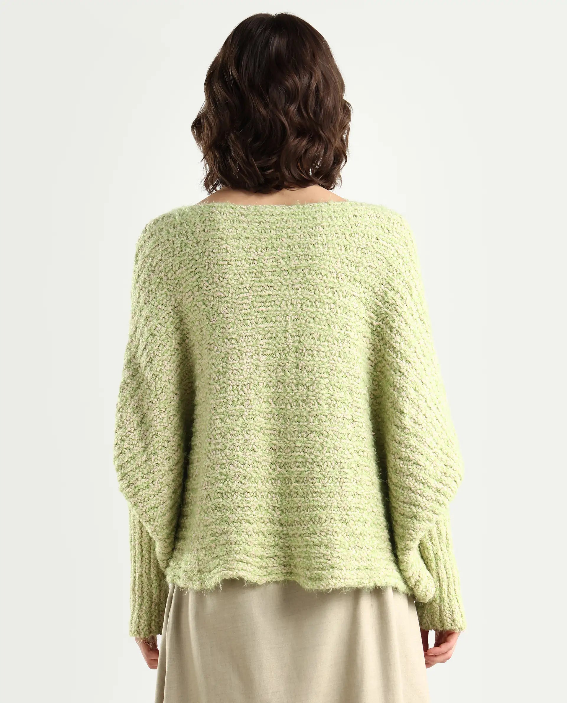 Rareism Women's Taro Dusky Green Polyester Off Shoulder Dyed Relaxed Fit Sweater