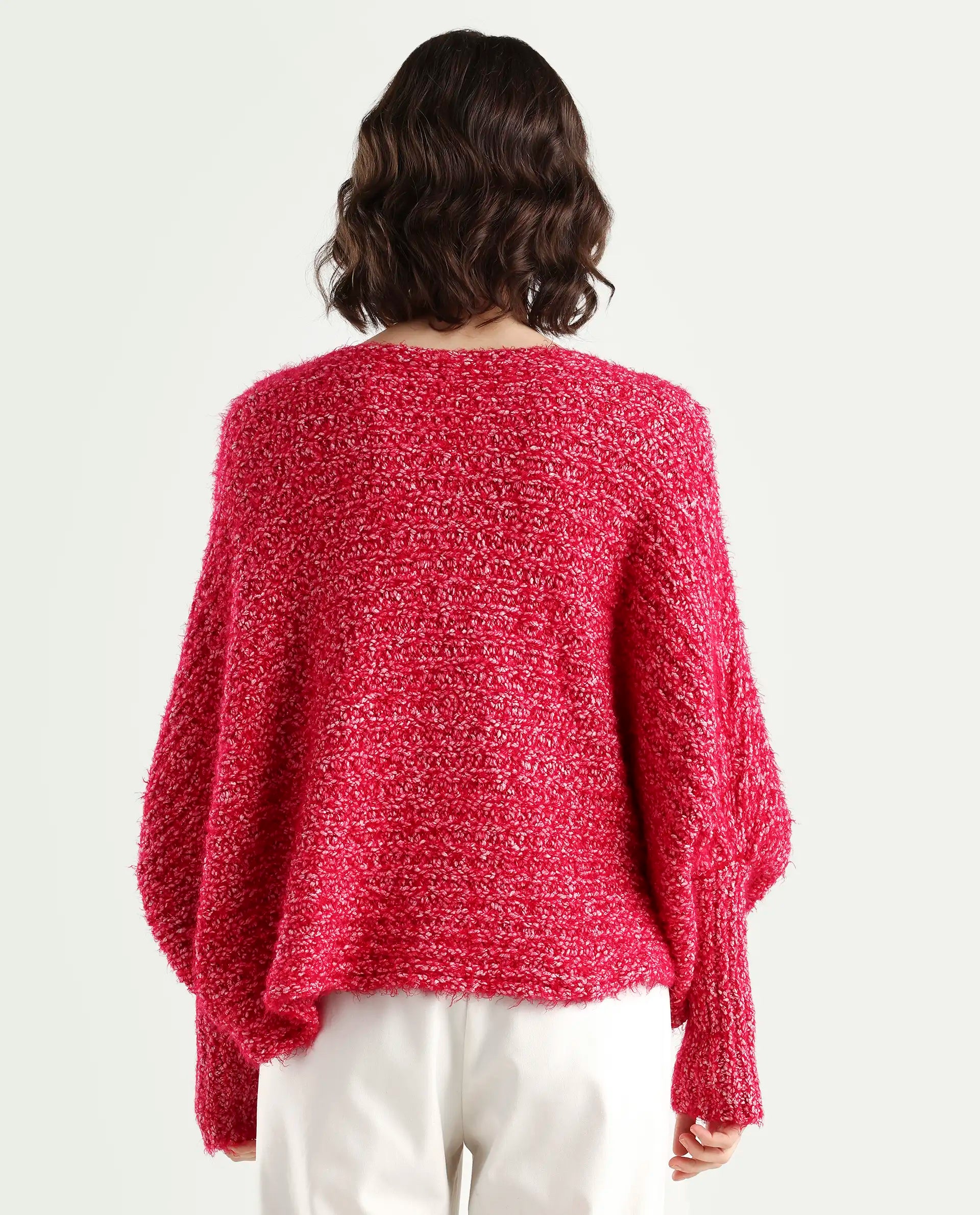 Rareism Women's Taro Dark Red Polyester Off Shoulder Dyed Relaxed Fit Sweater