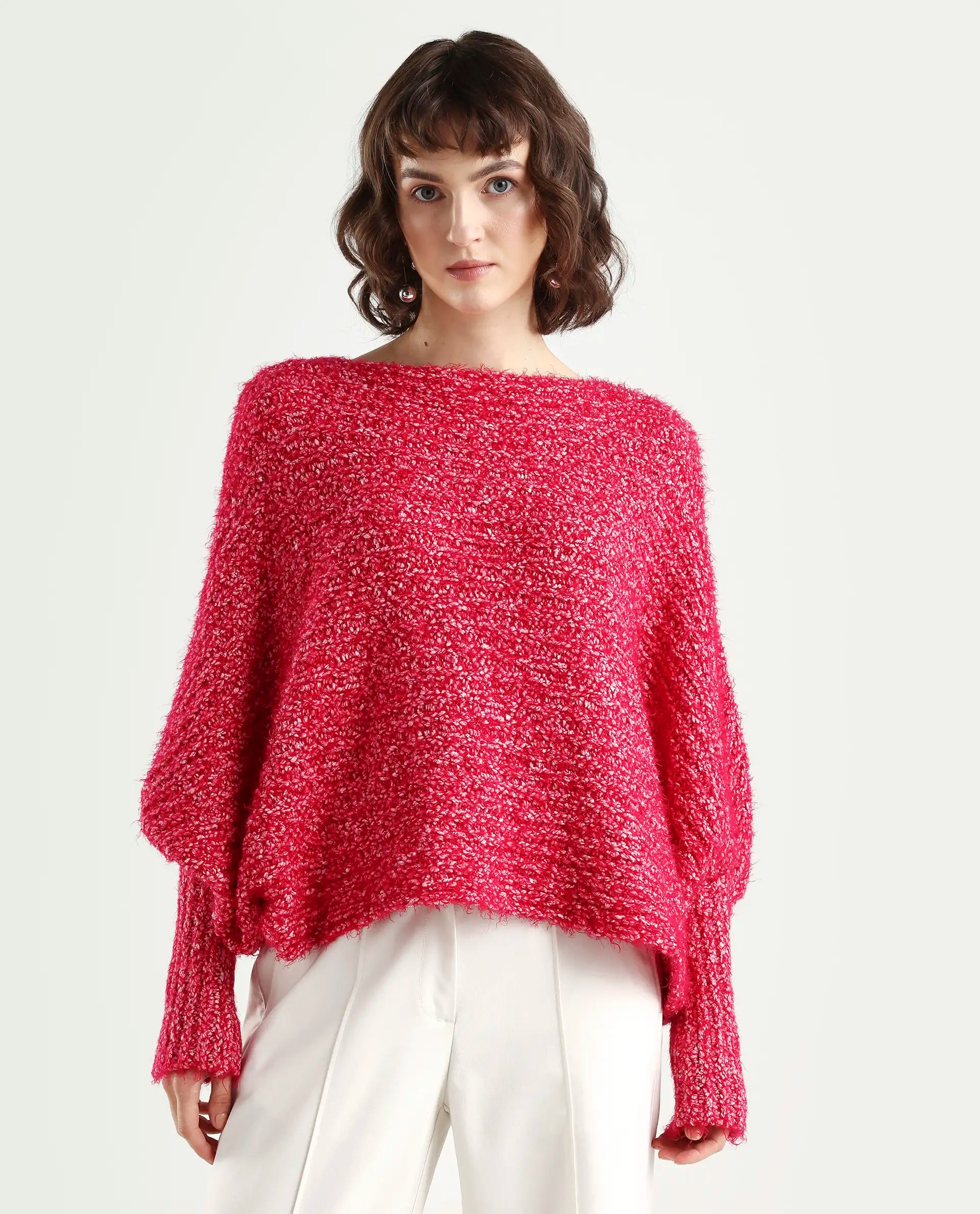Rareism Women's Taro Dark Red Polyester Off Shoulder Dyed Relaxed Fit Sweater