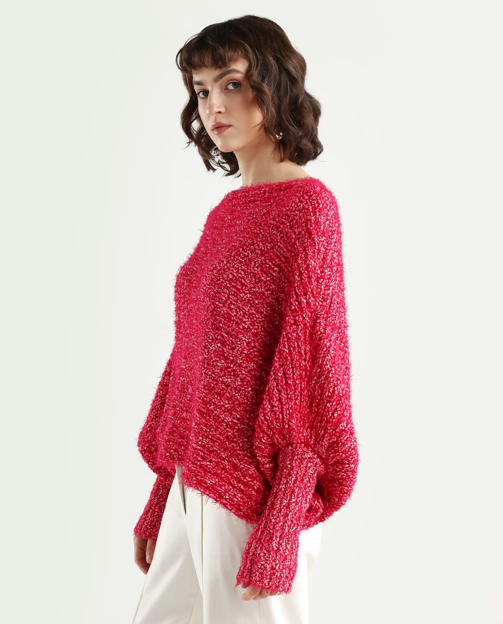 Rareism Women's Taro Dark Red Polyester Off Shoulder Dyed Relaxed Fit Sweater