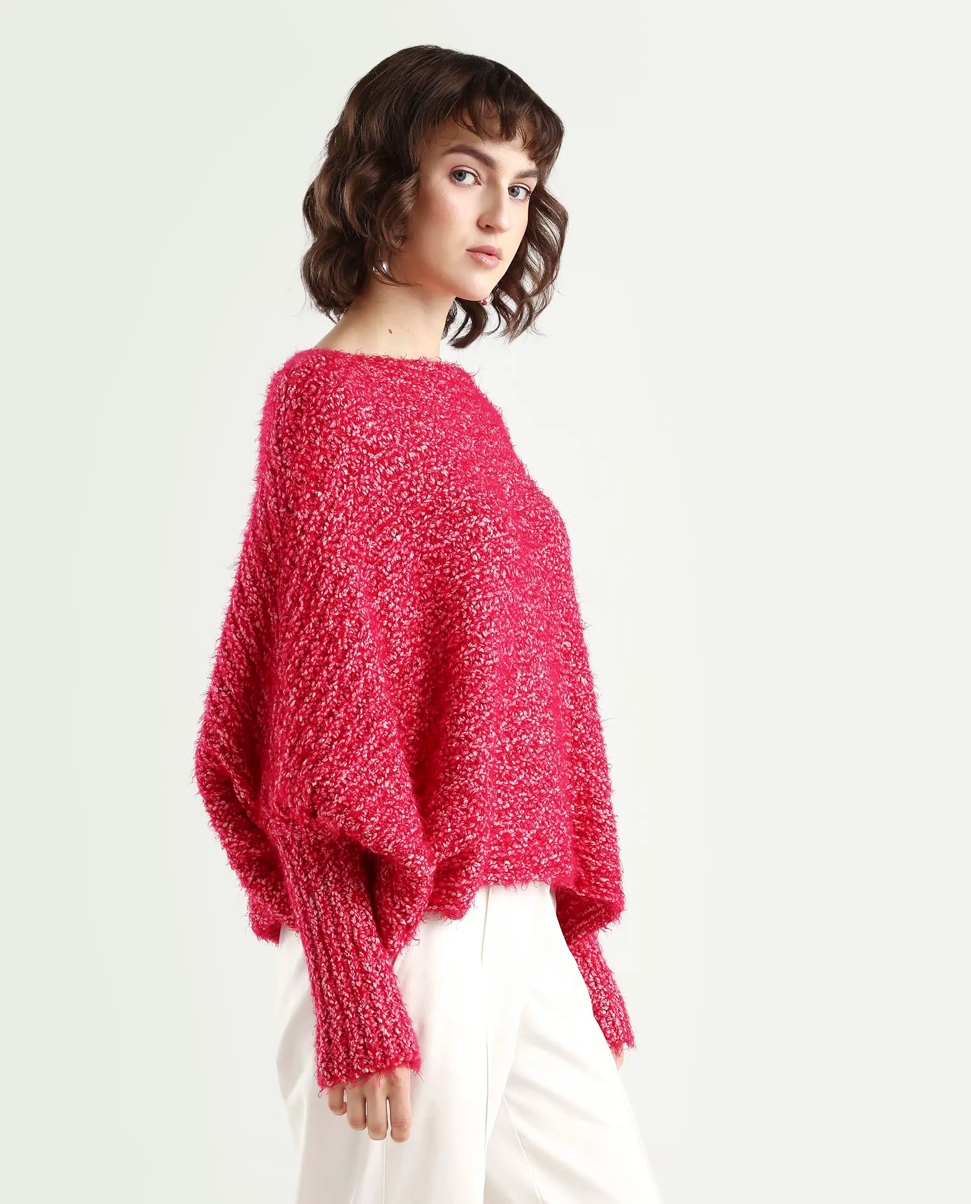 Rareism Women's Taro Dark Red Polyester Off Shoulder Dyed Relaxed Fit Sweater