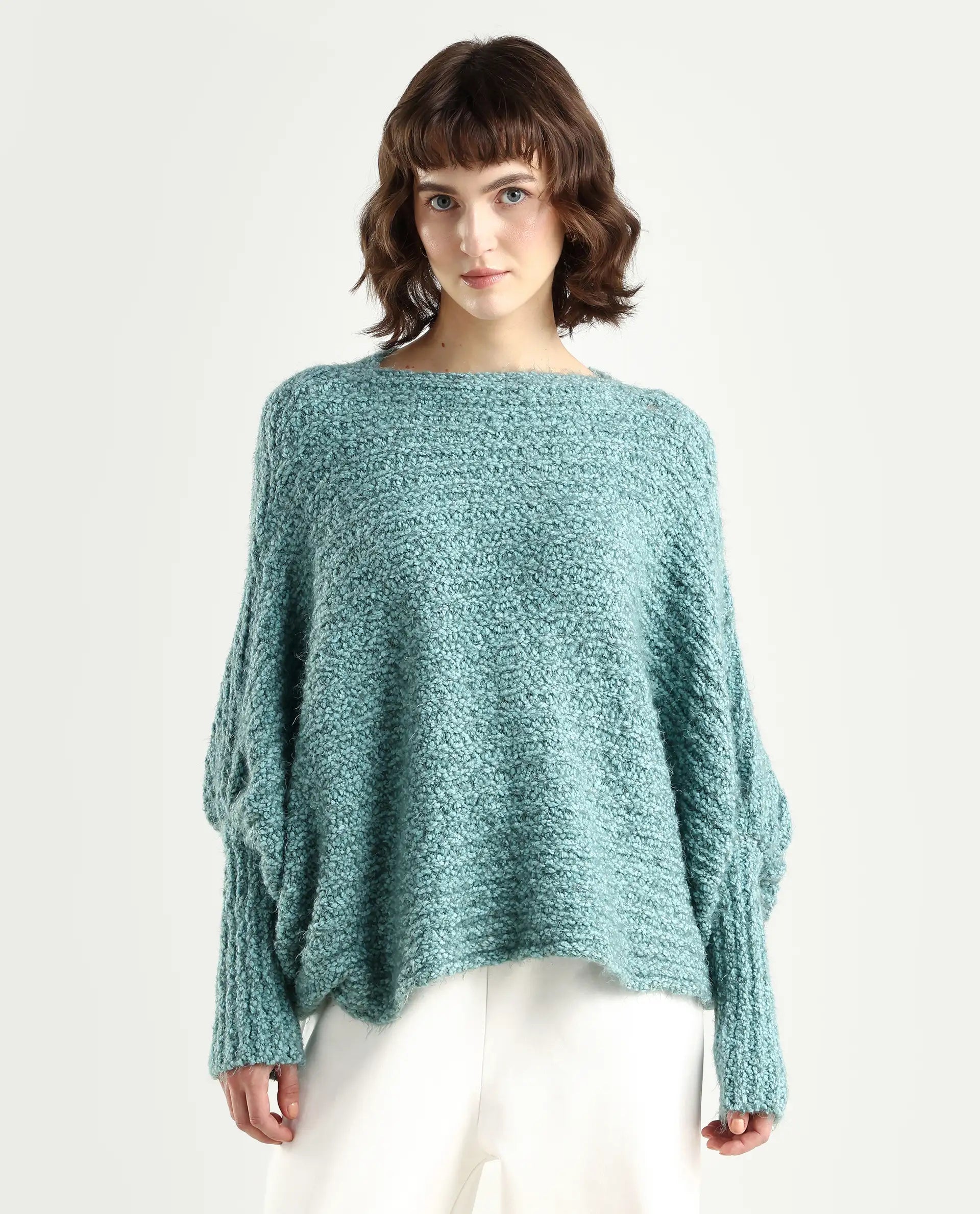 Rareism Women's Taro Teal Polyester Off Shoulder Plain Relaxed Fit Sweater