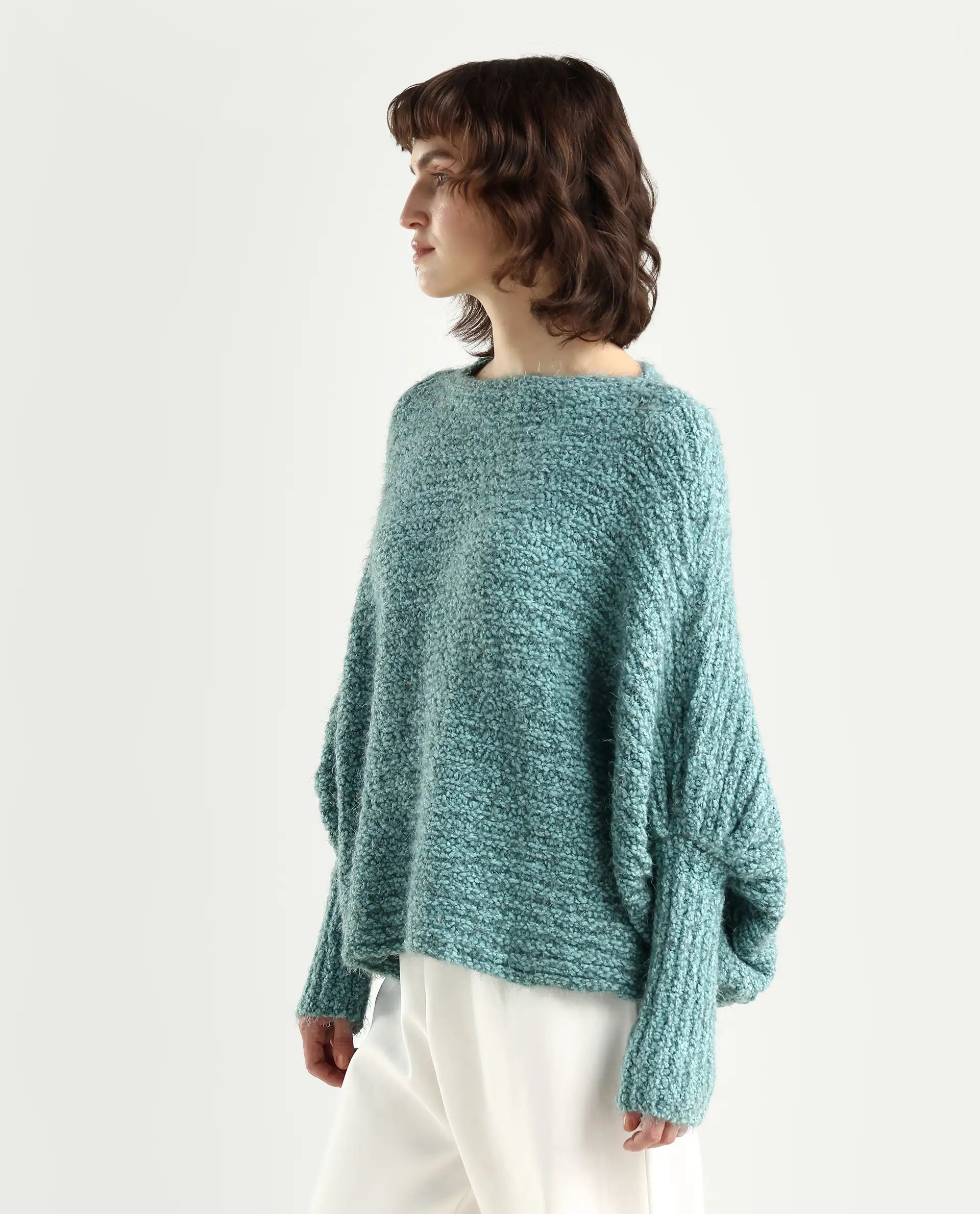 Rareism Women's Taro Teal Polyester Off Shoulder Plain Relaxed Fit Sweater