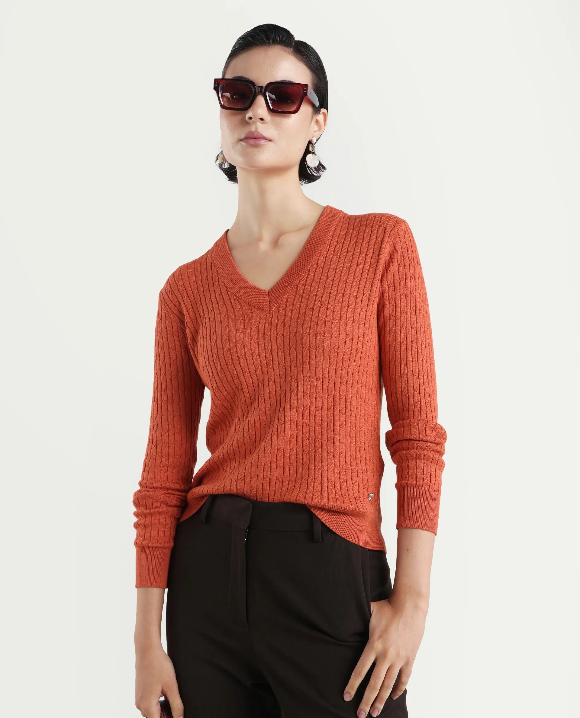 Rareism Women's Izmit Orange Viscose V-Neck Plain Regular Fit Top