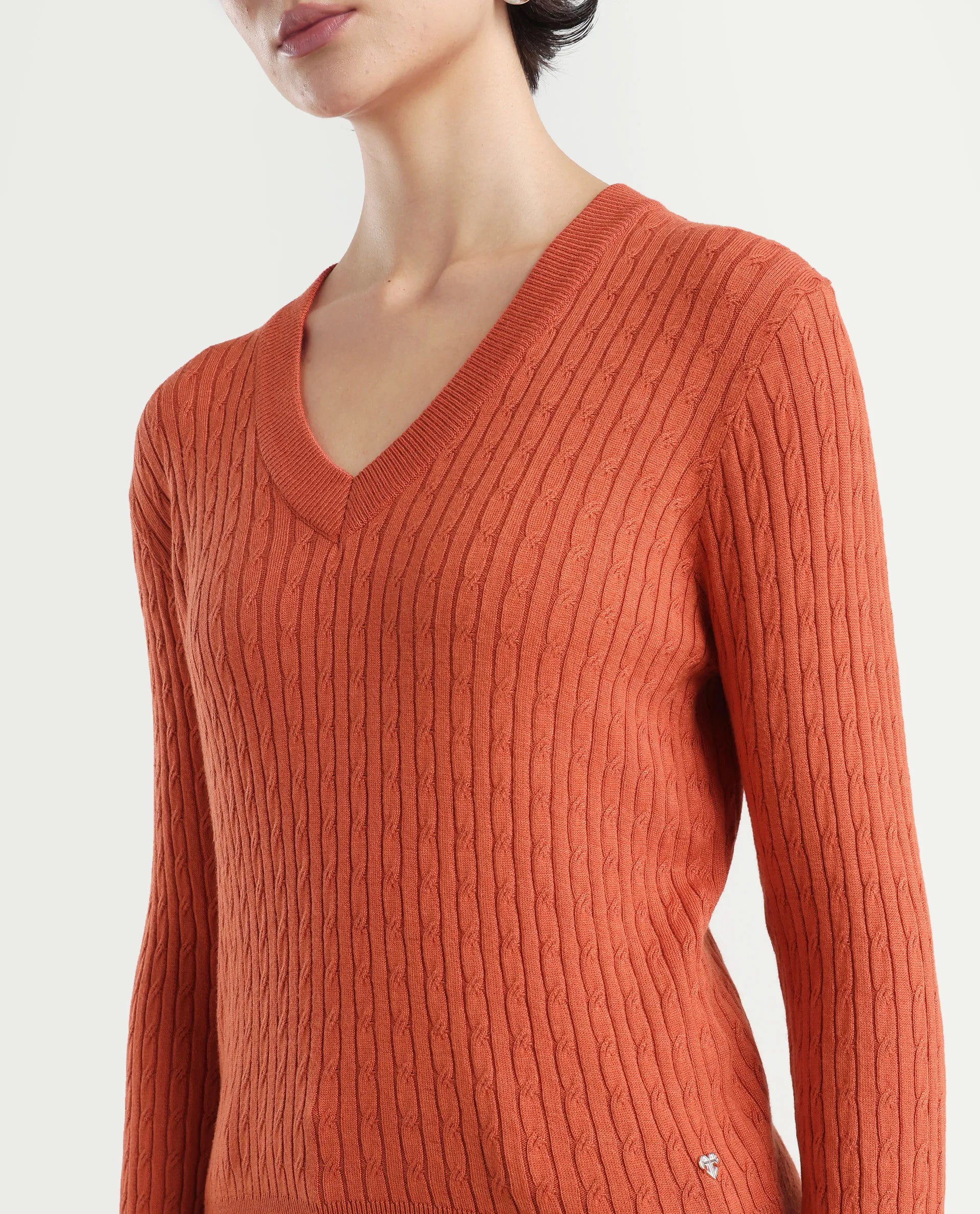 Rareism Women's Izmit Orange Viscose V-Neck Plain Regular Fit Top