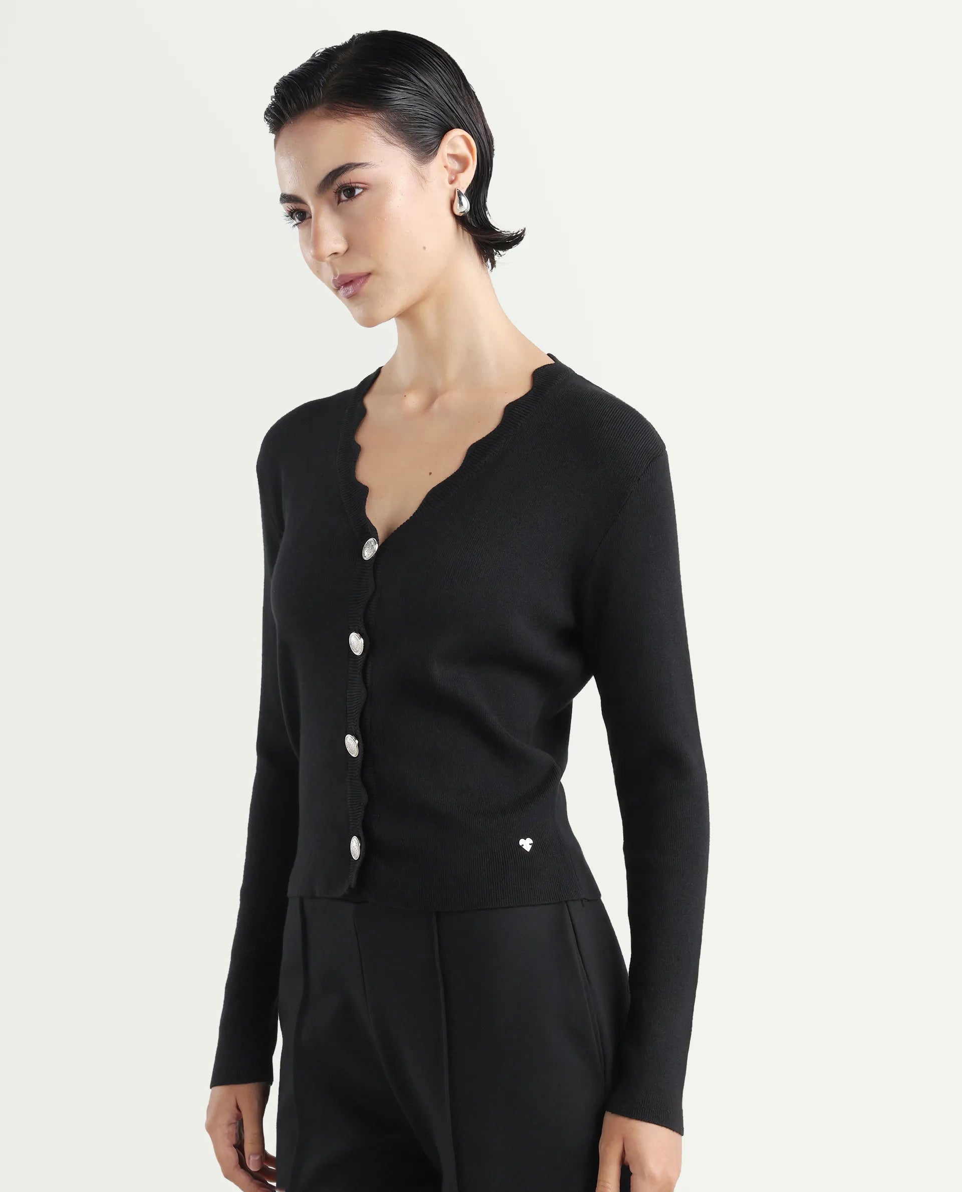 Rareism Women's Pendik Black V-Neck Plain Regular Fitted Top