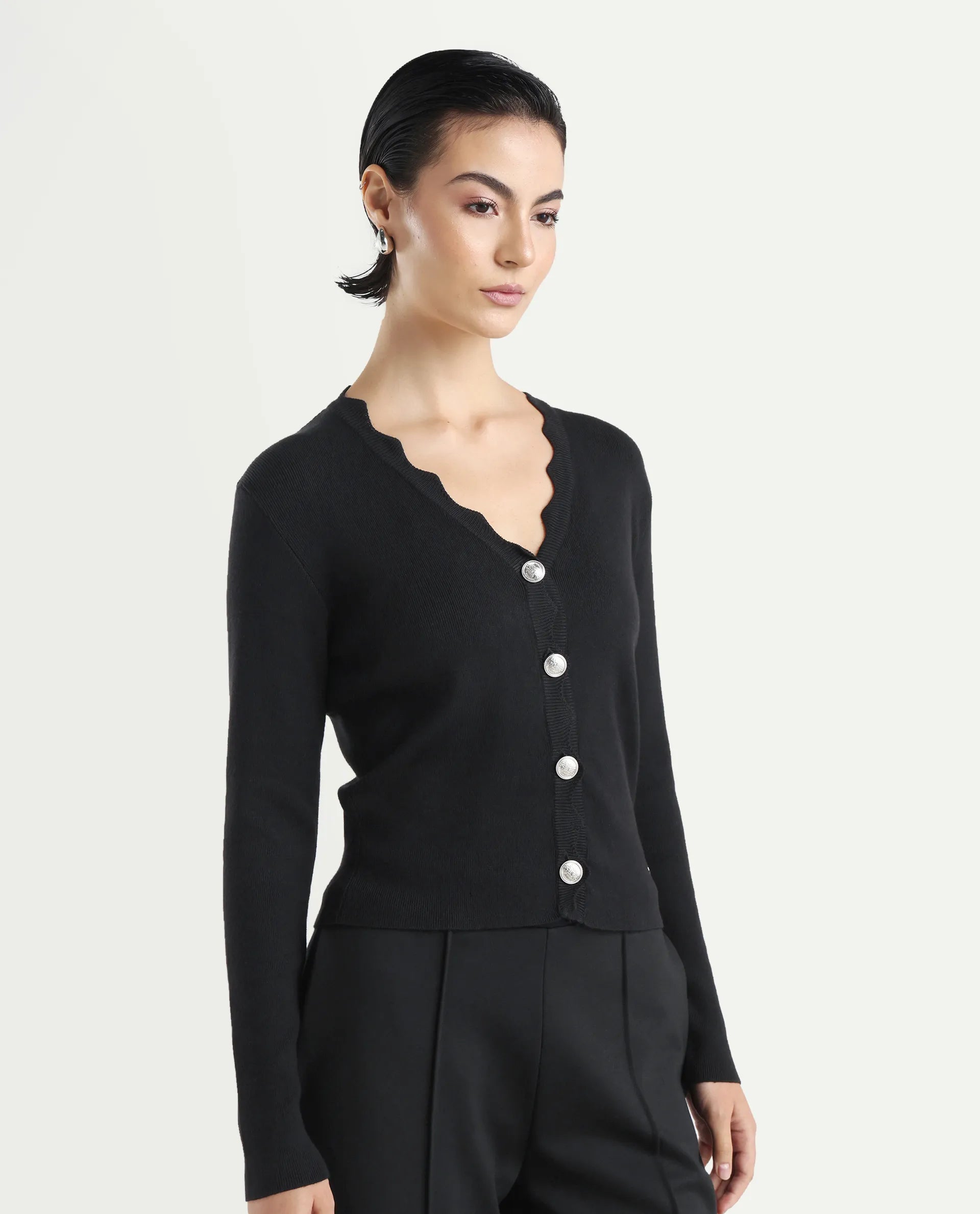 Rareism Women's Pendik Black V-Neck Plain Regular Fitted Top