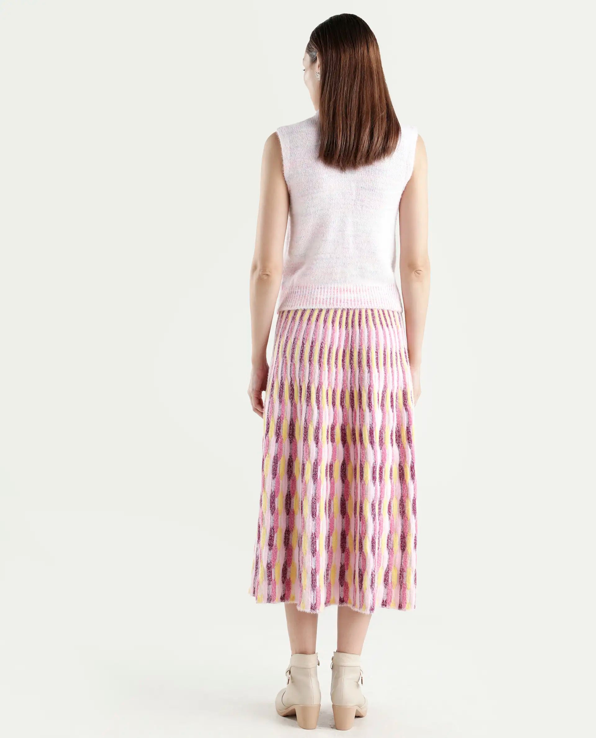 Rareism Women's Shenpa B Multi Nylon Geometric Print Midi Flared Skirt