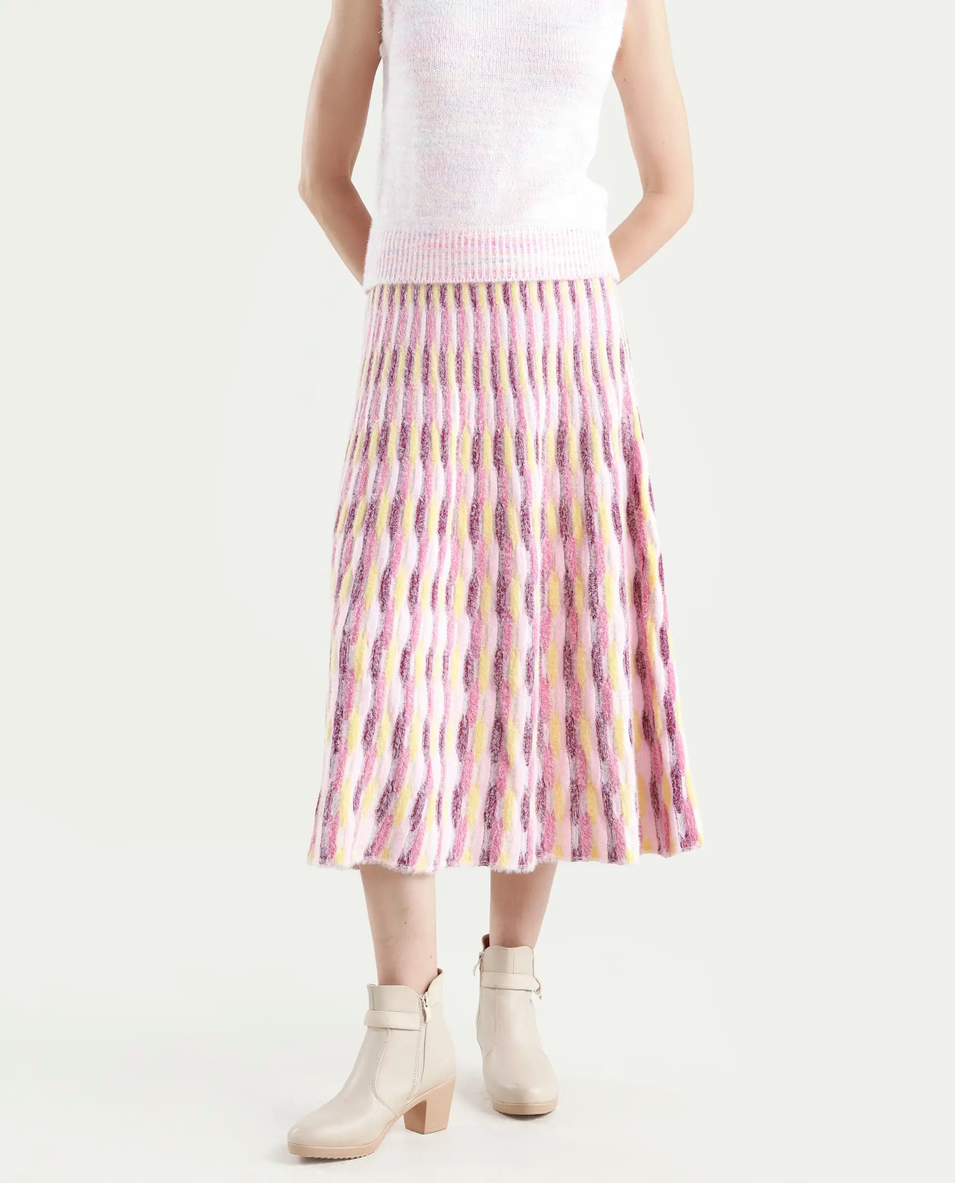 Rareism Women's Shenpa B Multi Nylon Geometric Print Midi Flared Skirt