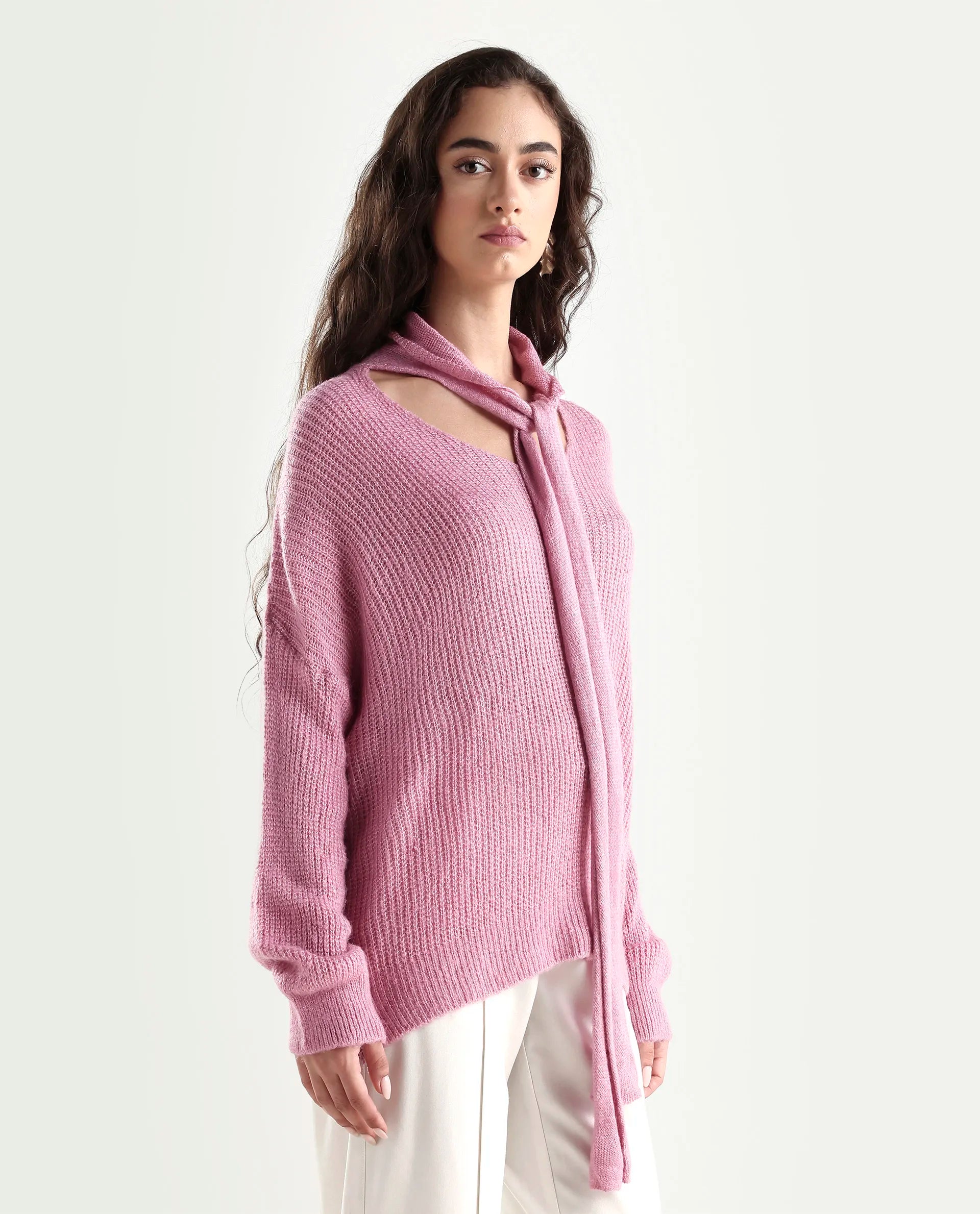 Rareism Women's Buzz Light Pink Acrylic Tie-Up Neck Plain Relaxed Fit Sweater