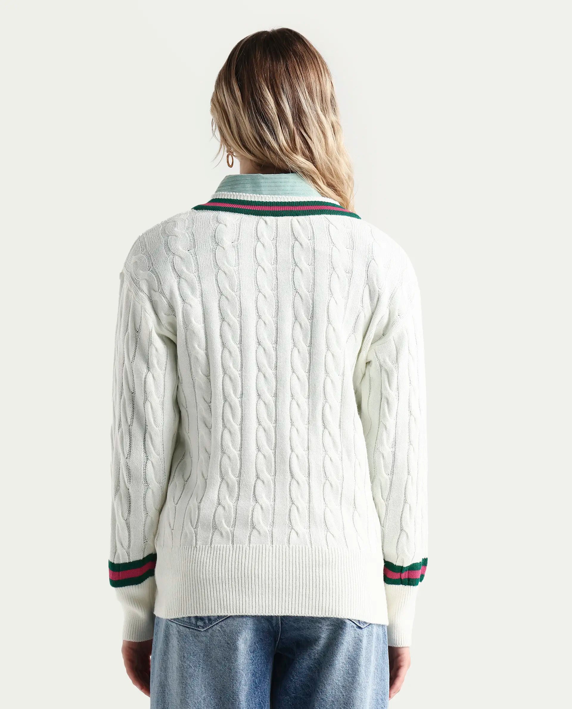 Rareism Women's Simaya Off White Acrylic V-Neck Plain Regular Fit Sweater