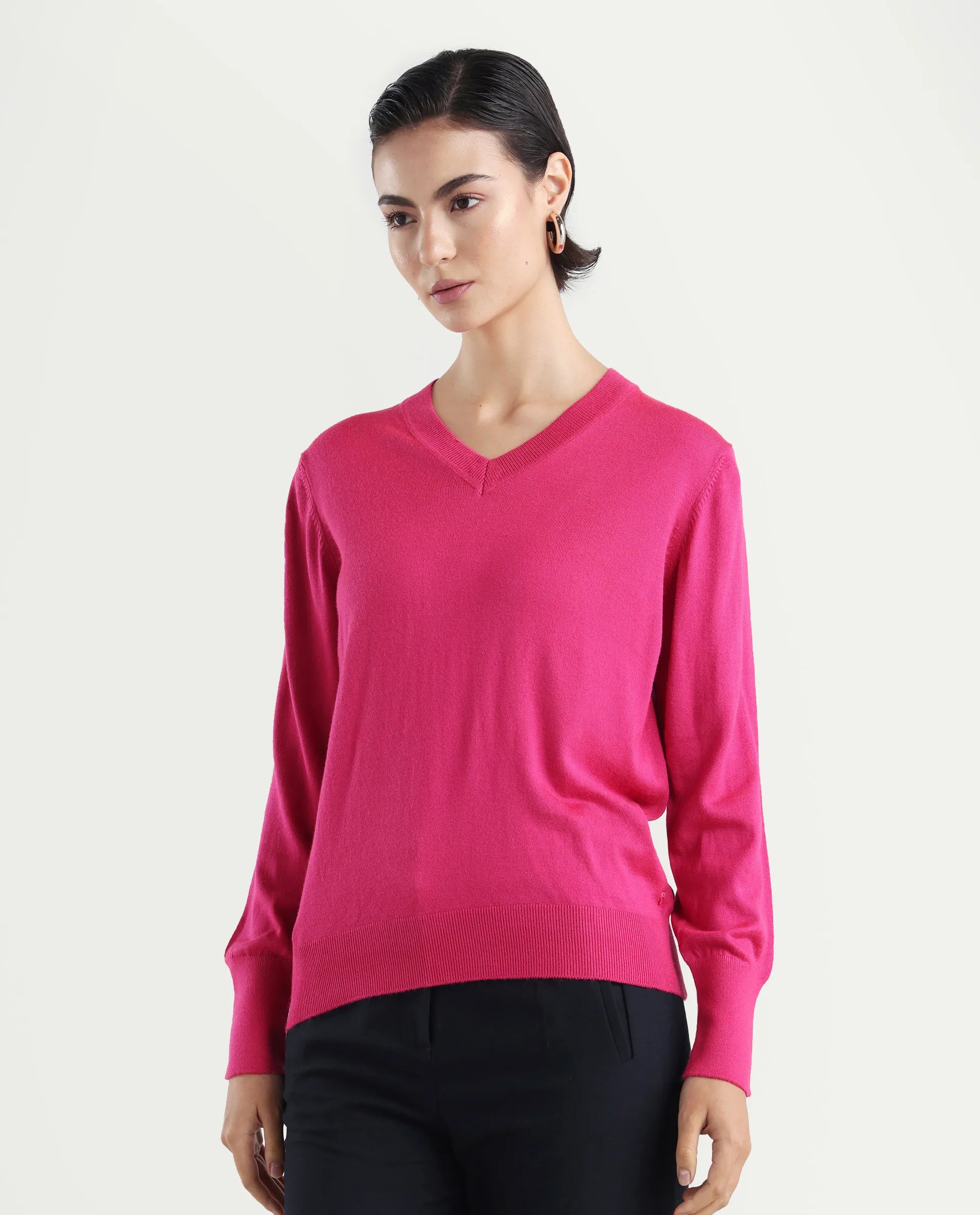 Rareism Women's Usak Dark Multi Acrylic V-Neck Plain Regular Fitted Sweater