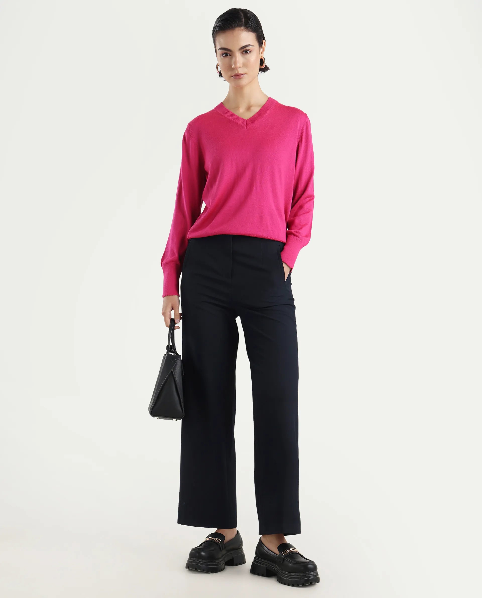 Rareism Women's Usak Dark Multi Acrylic V-Neck Plain Regular Fitted Sweater