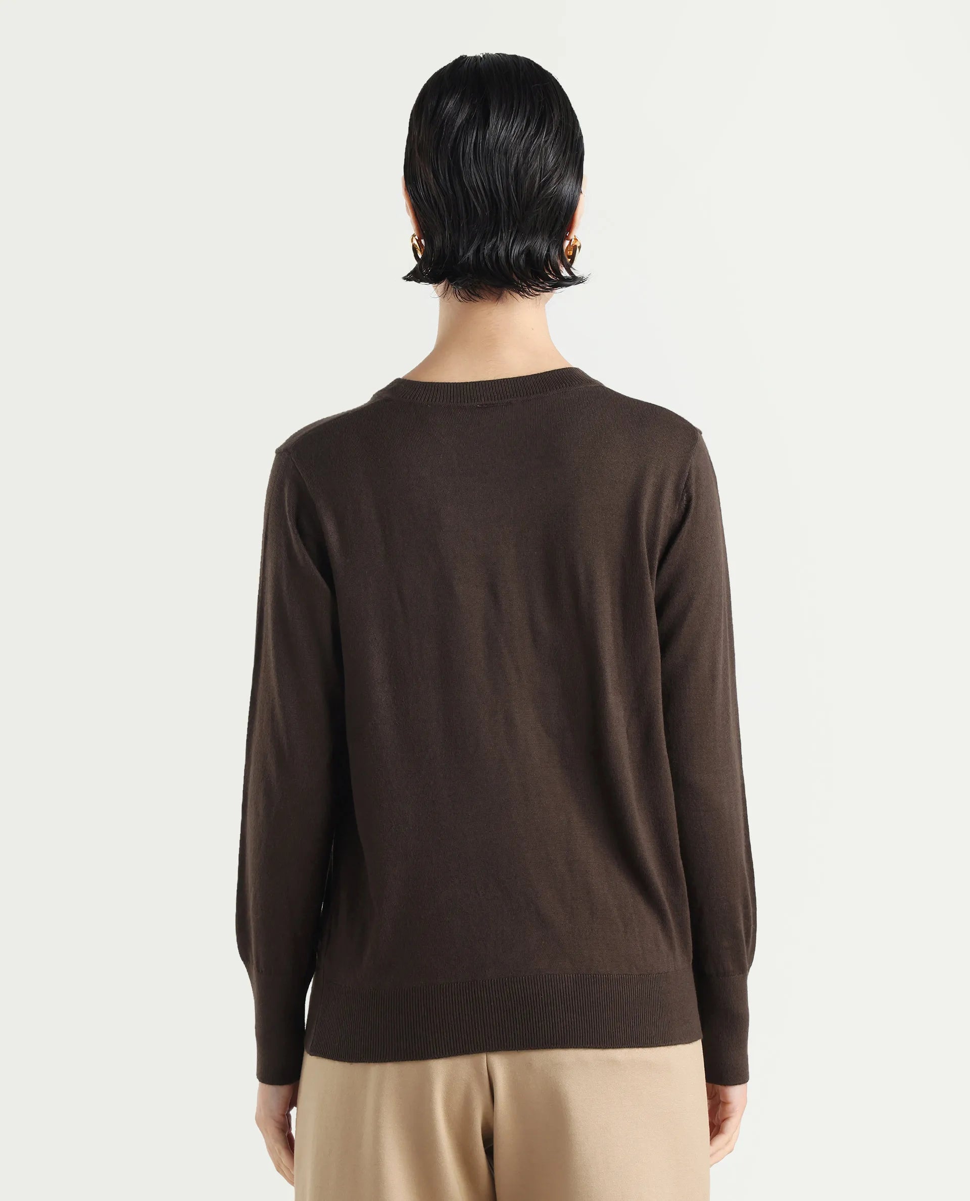 Rareism Women's Usak Brown Acrylic V-Neck Plain Regular Fitted Sweater