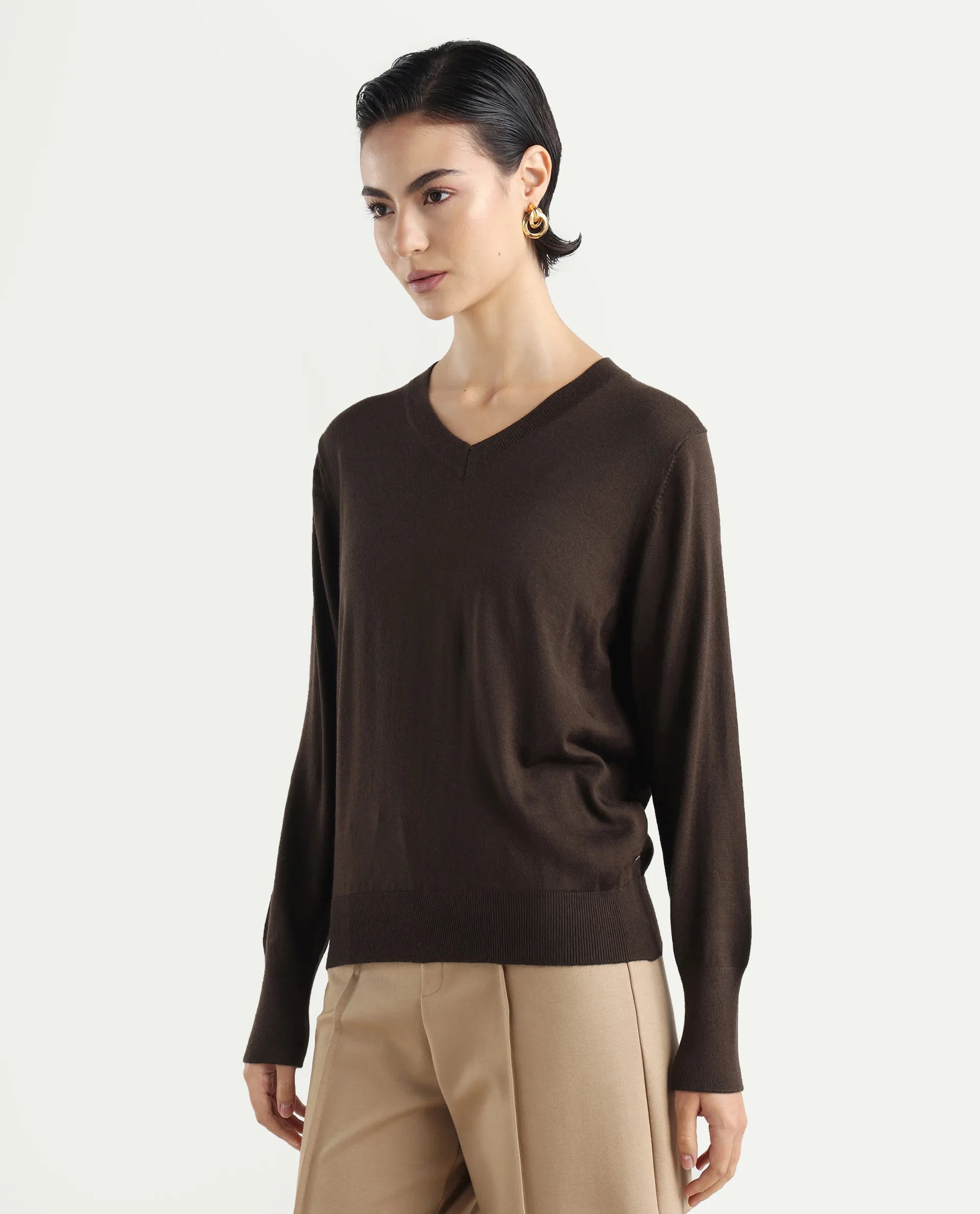 Rareism Women's Usak Brown Acrylic V-Neck Plain Regular Fitted Sweater