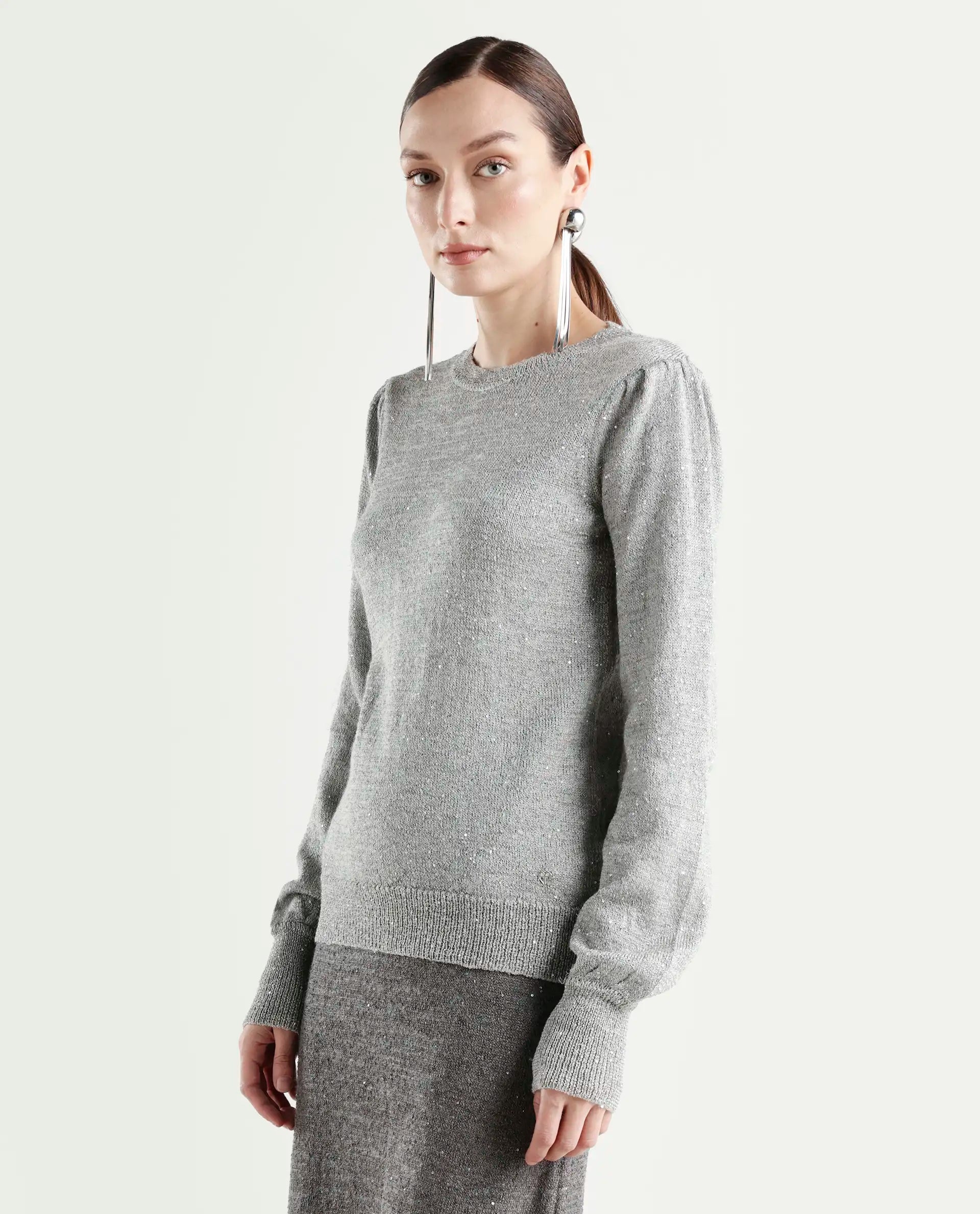 Rareism Women's Adiyaman T Grey Polyester Crew Neck Plain Regular Fit Sweater