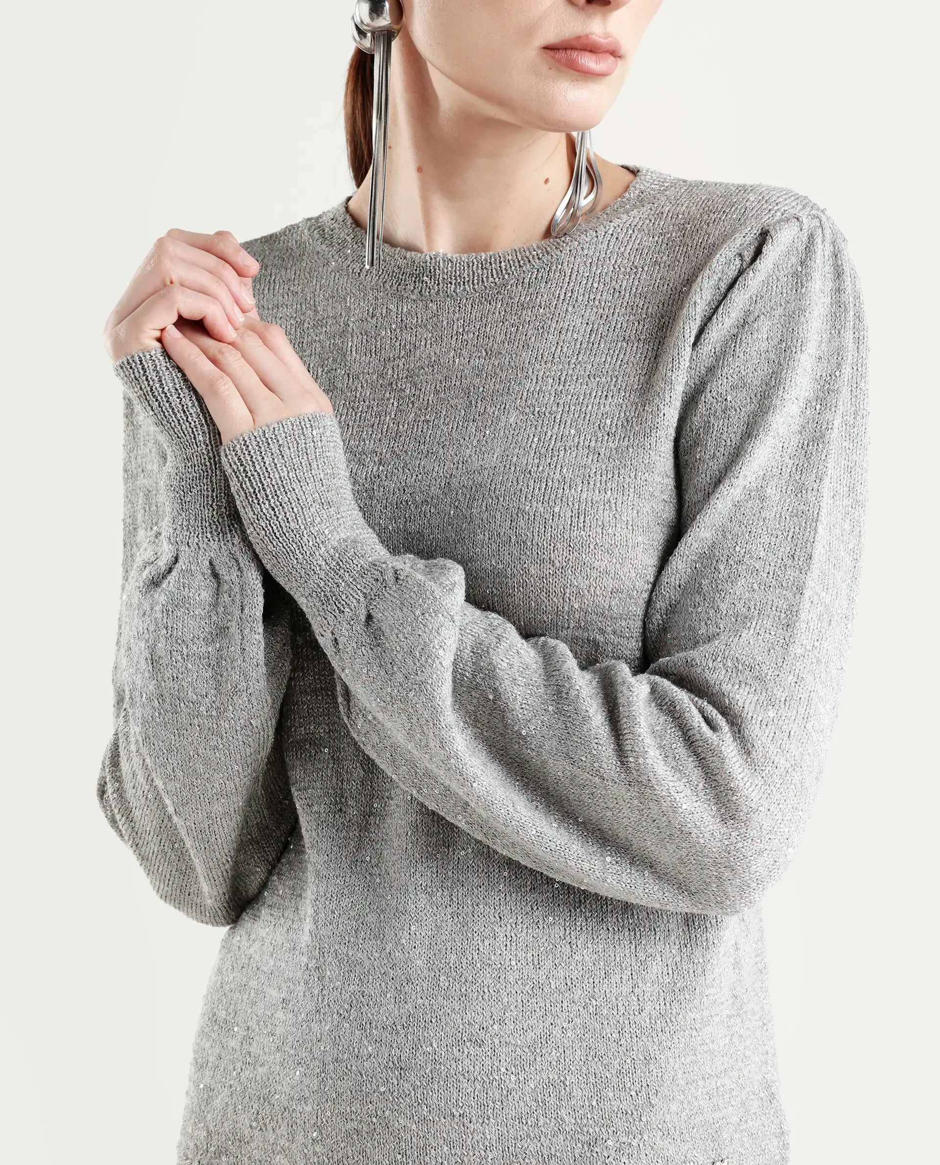 Rareism Women's Adiyaman T Grey Polyester Crew Neck Plain Regular Fit Sweater