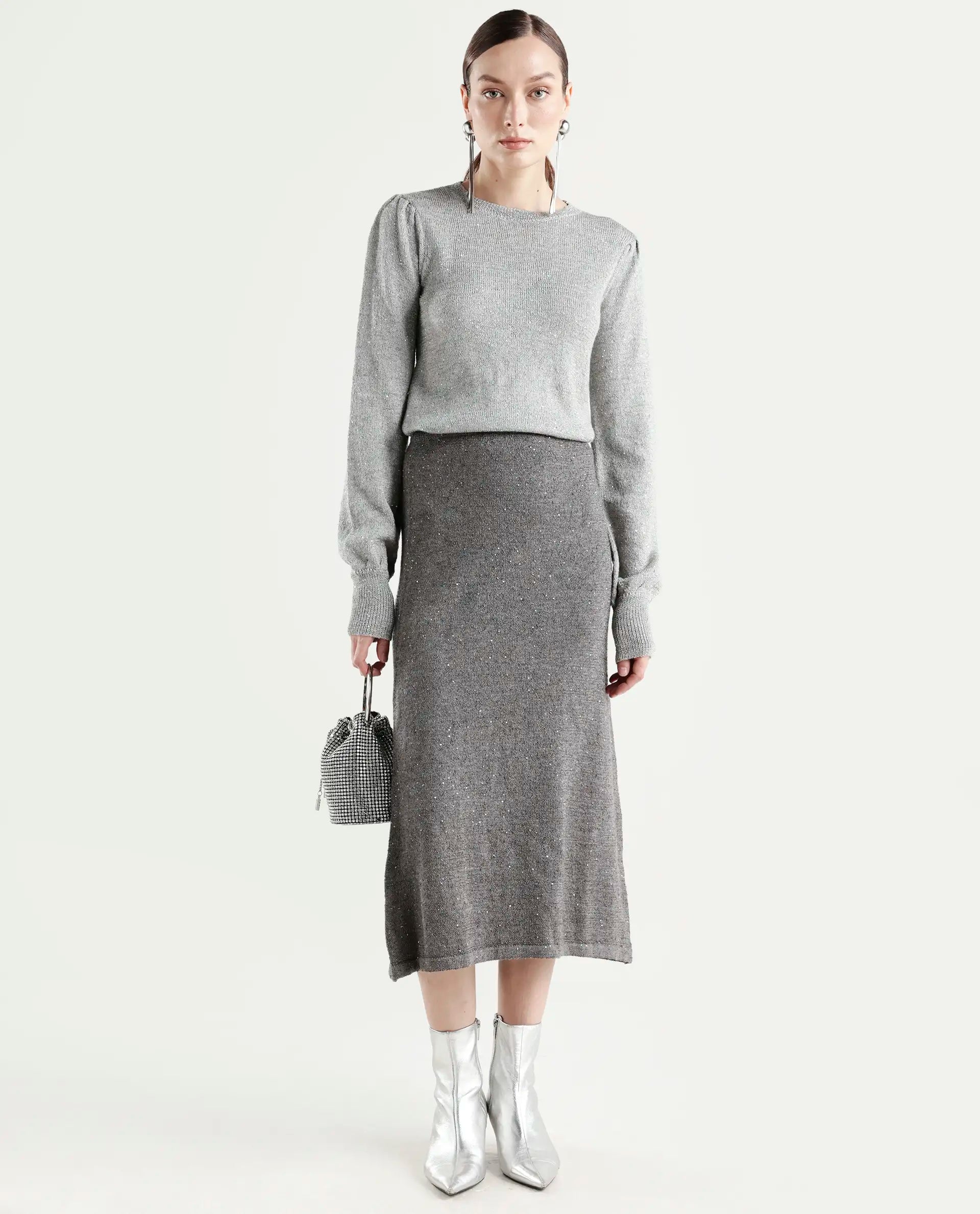 Rareism Women's Adiyaman T Grey Polyester Crew Neck Plain Regular Fit Sweater