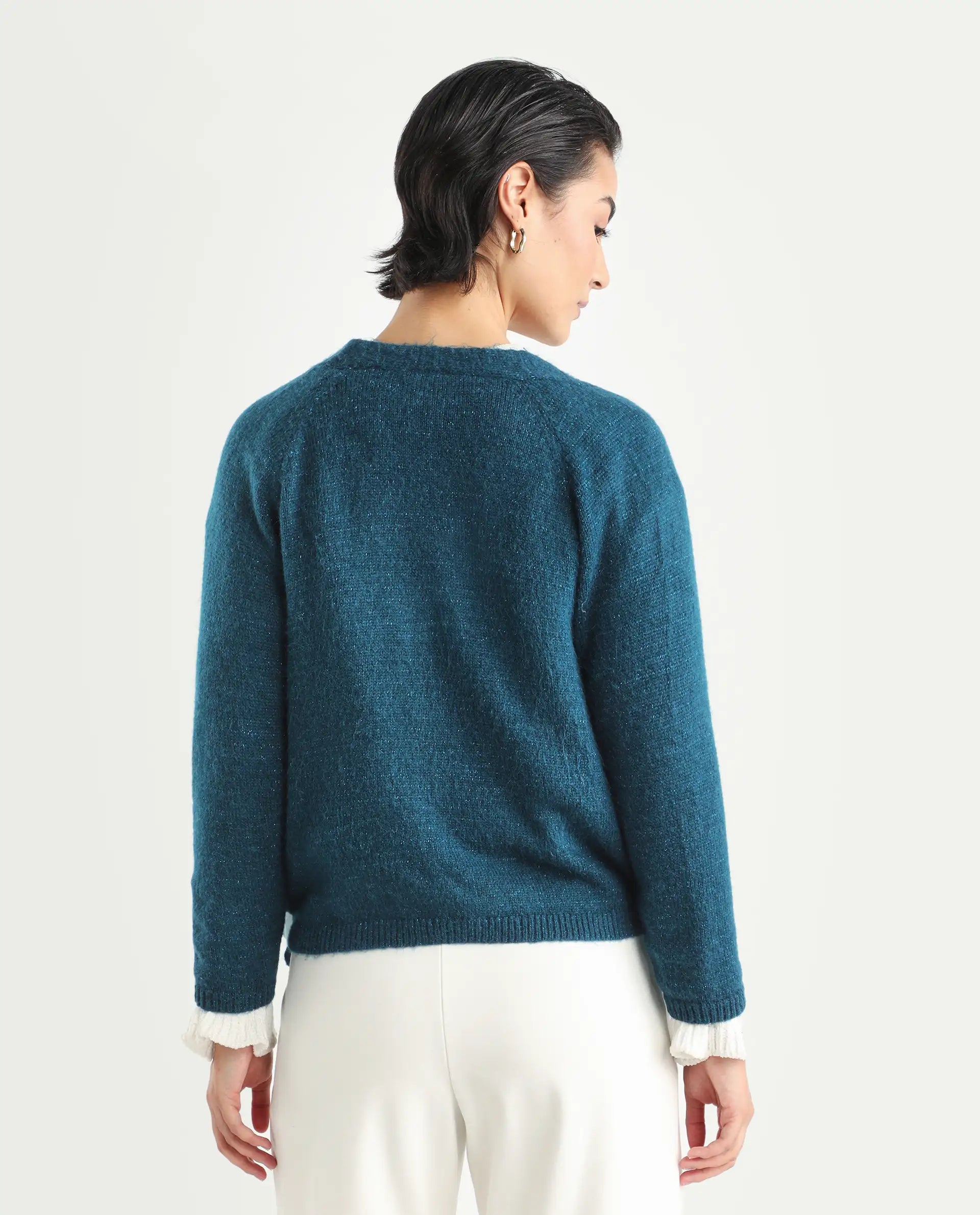 Rareism Women's Minjin Dark Teal Overlap Neck Plain Relaxed Fit Cardigan