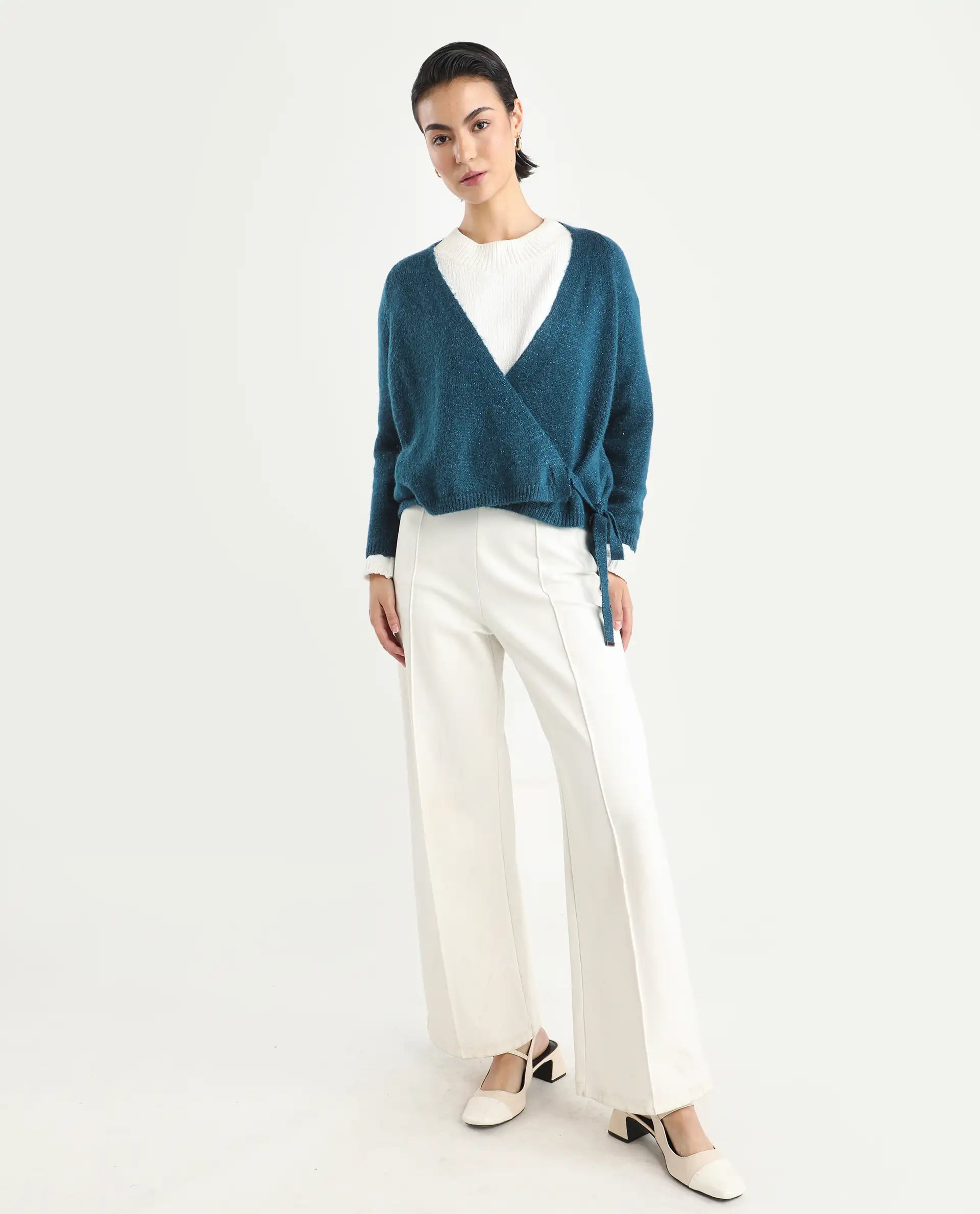 Rareism Women's Minjin Dark Teal Overlap Neck Plain Relaxed Fit Cardigan