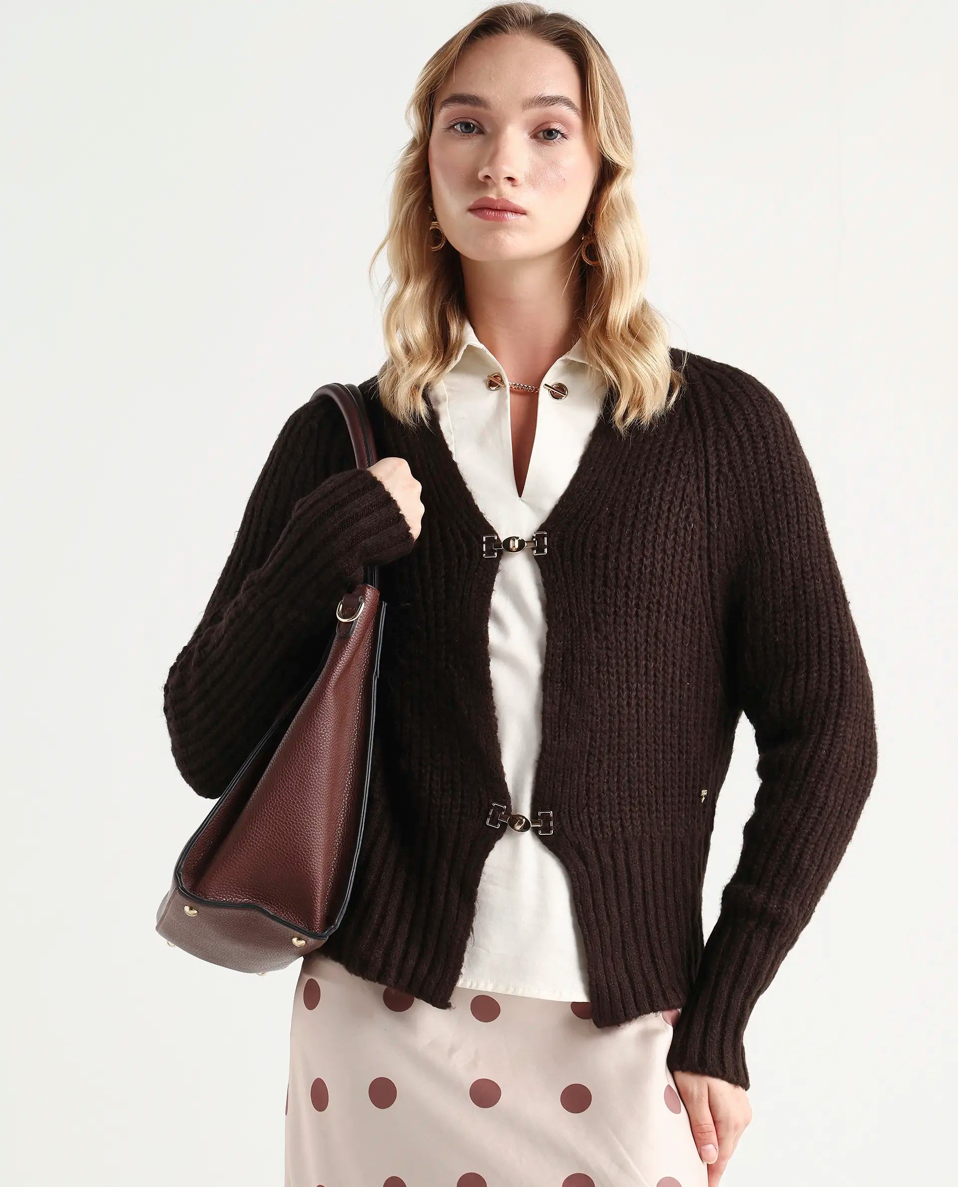 Rareism Women's Okali Brown V-Neck Plain Regular Fit Cardigan