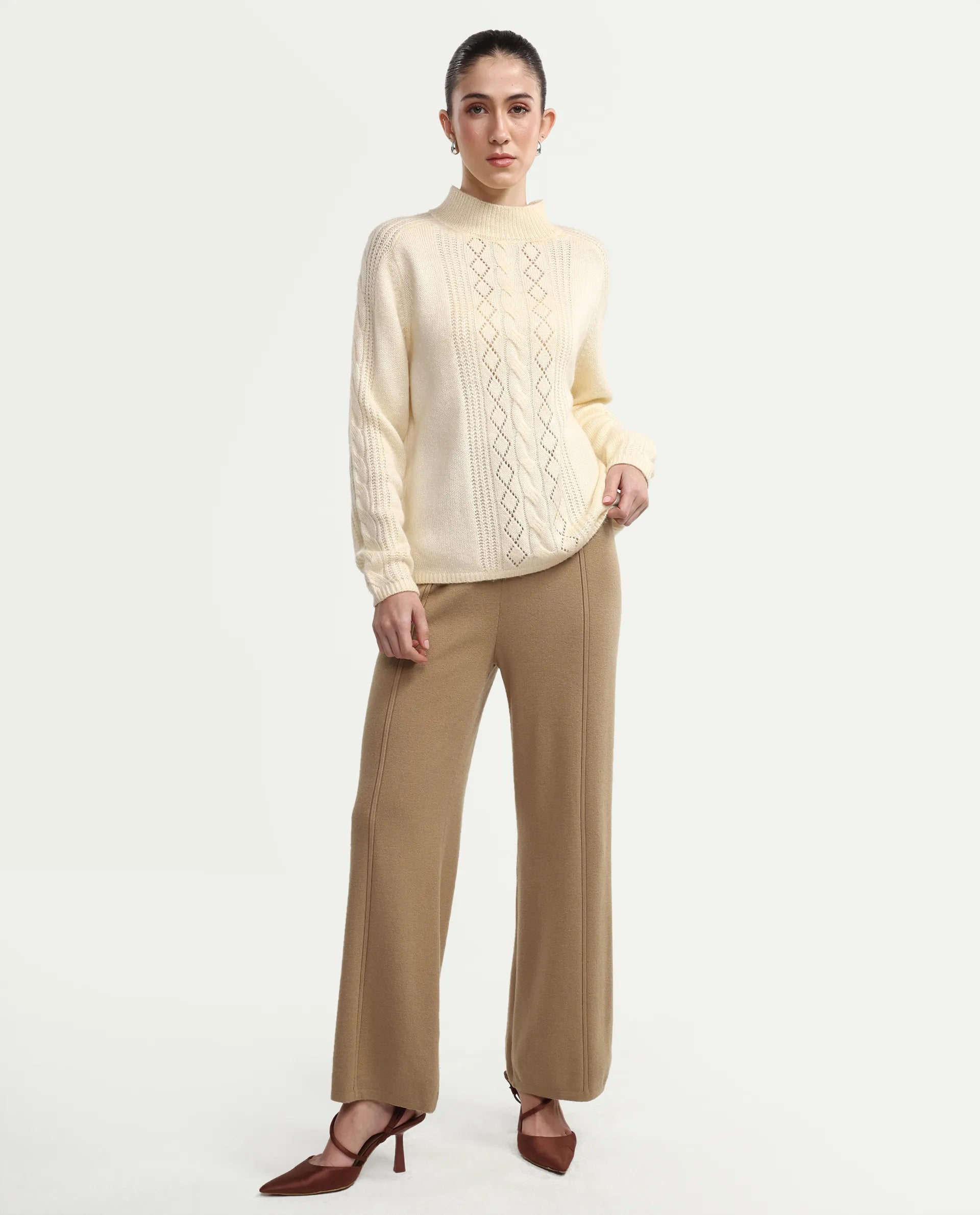 Rareism Women's Omerli B Beige Viscose Plain Ankle Length Straight Fit Trouser