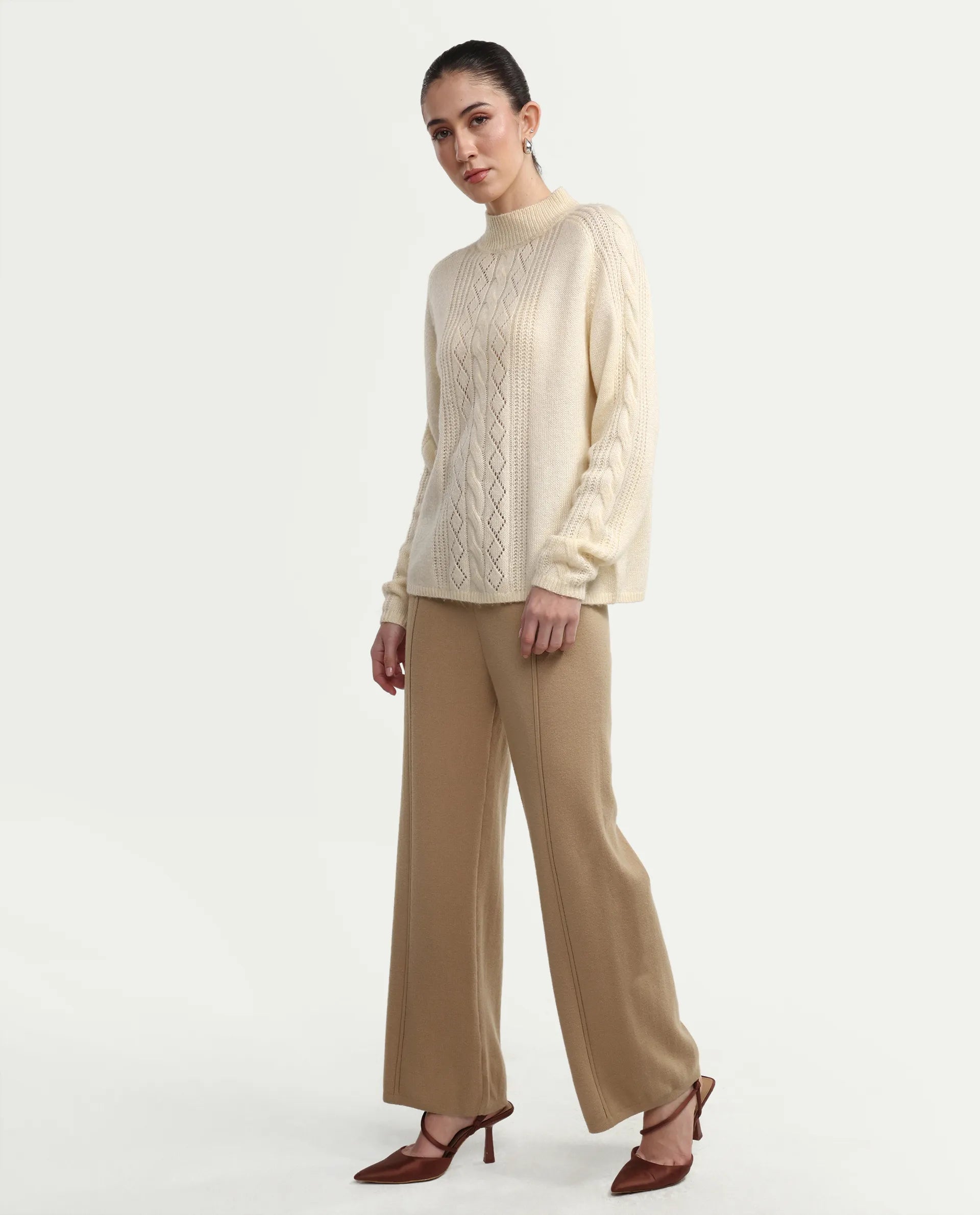 Rareism Women's Omerli B Beige Viscose Plain Ankle Length Straight Fit Trouser