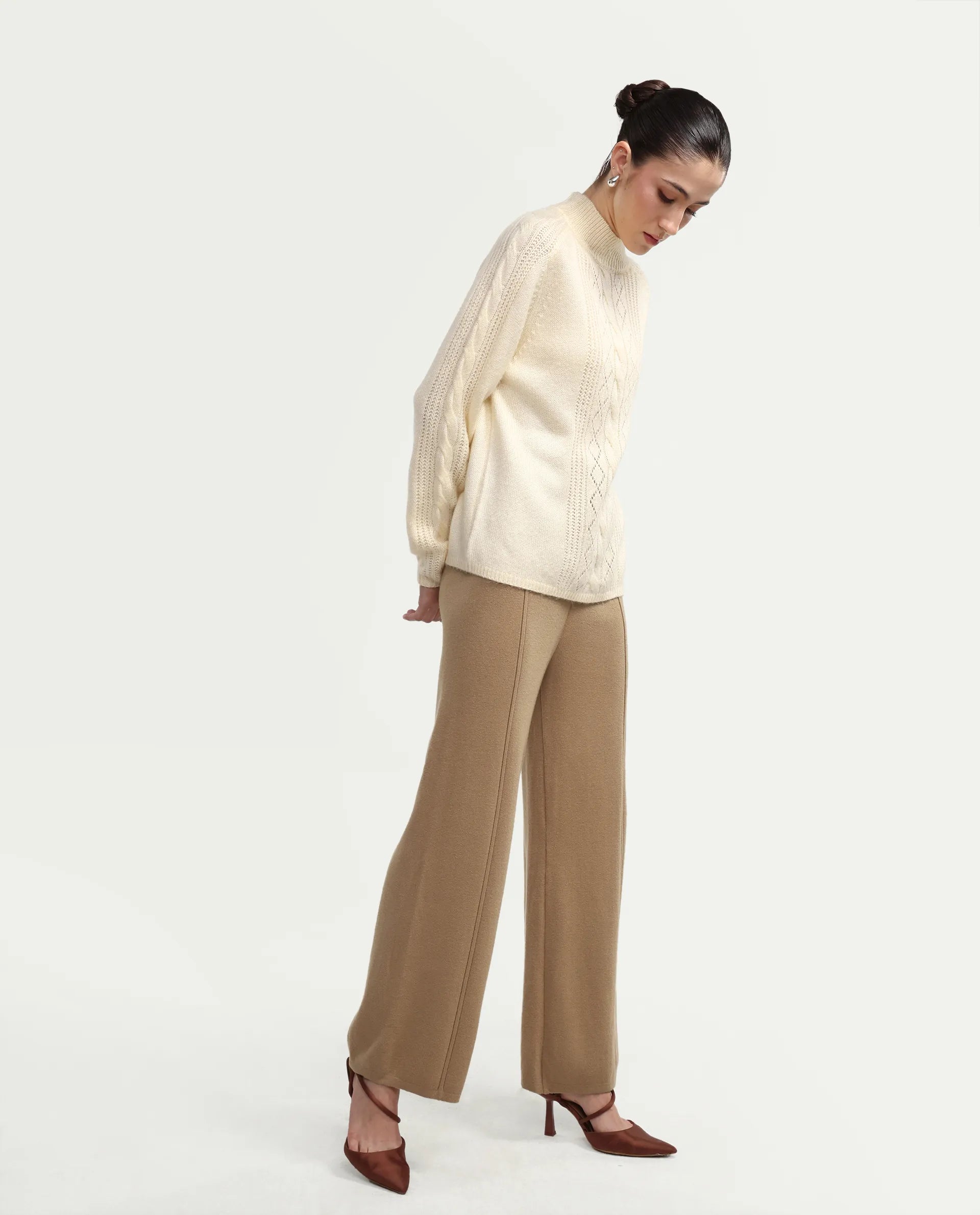 Rareism Women's Omerli B Beige Viscose Plain Ankle Length Straight Fit Trouser