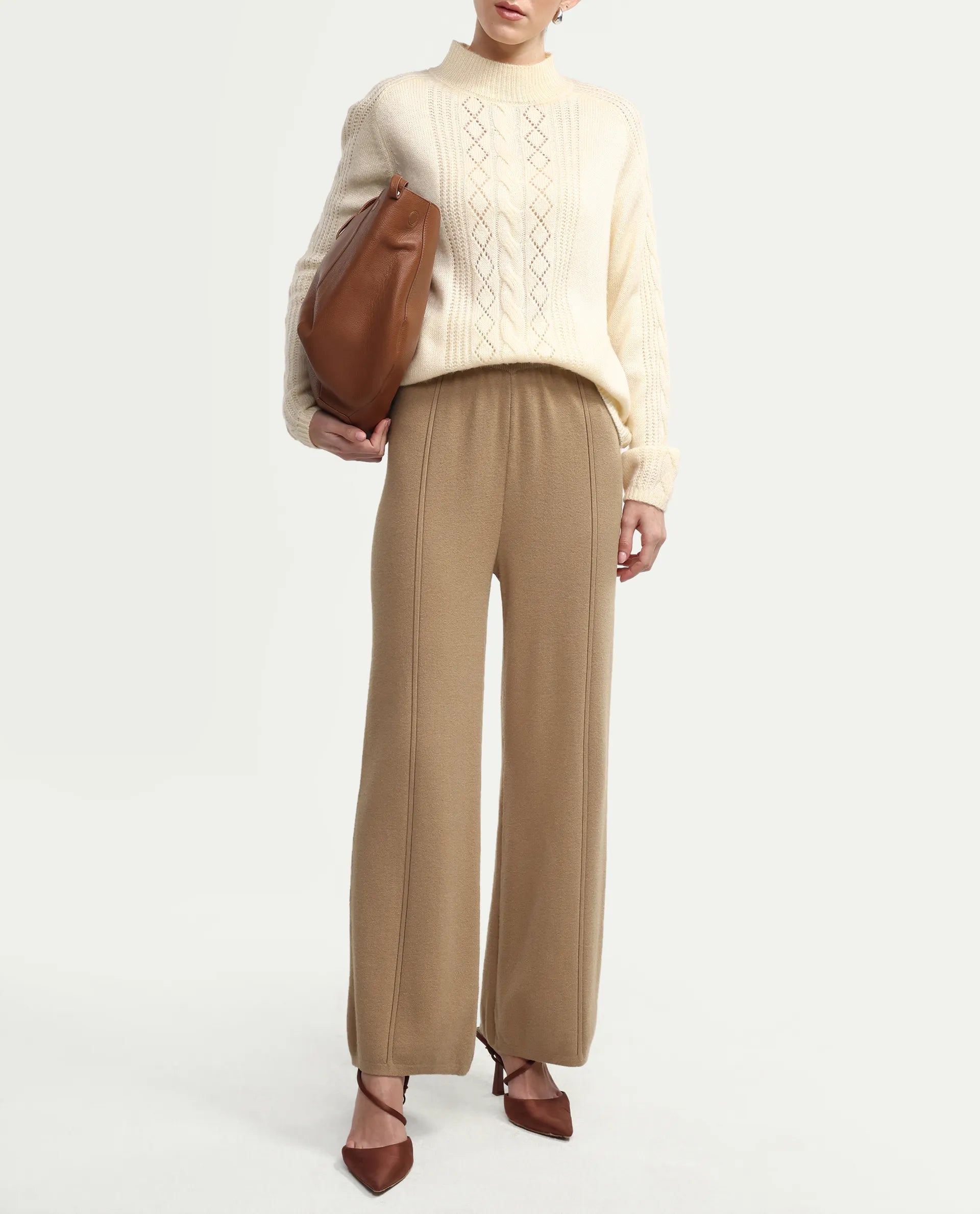 Rareism Women's Omerli B Beige Viscose Plain Ankle Length Straight Fit Trouser