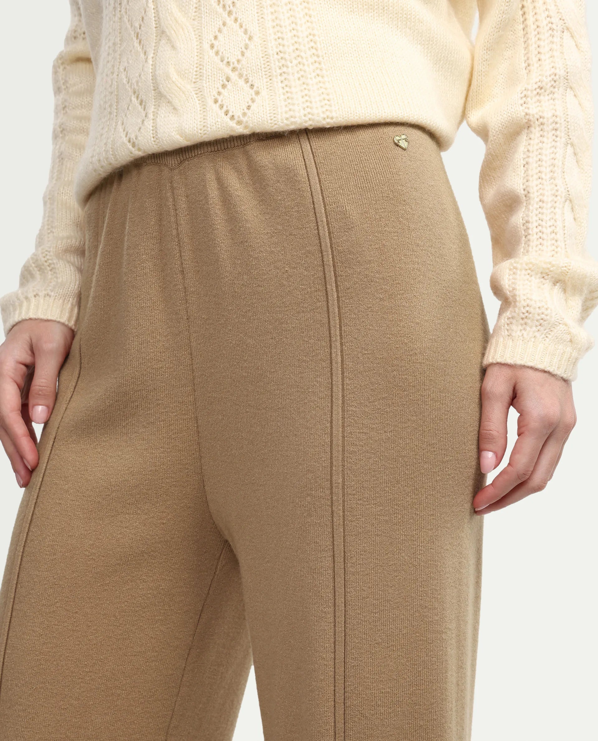 Rareism Women's Omerli B Beige Viscose Plain Ankle Length Straight Fit Trouser