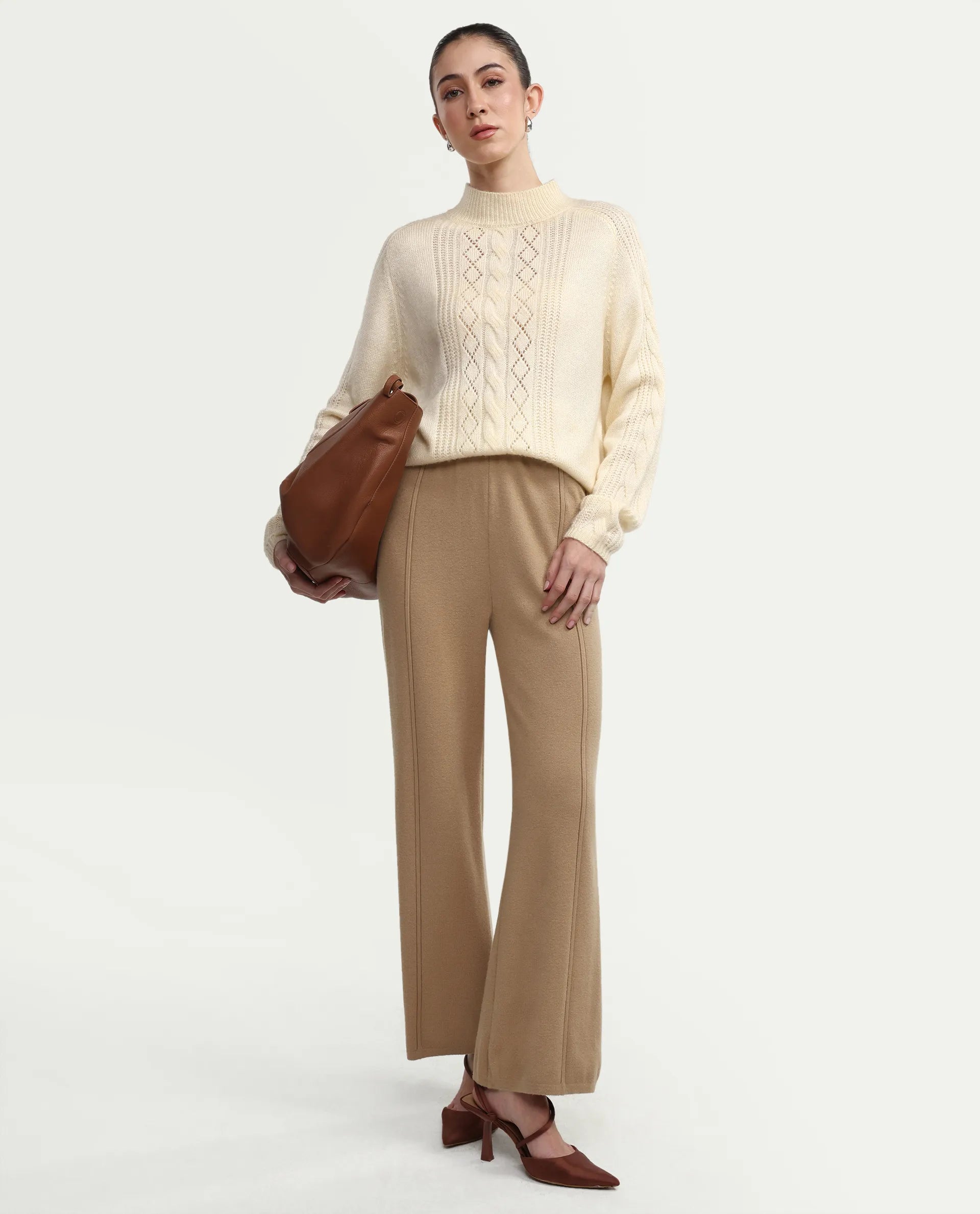 Rareism Women's Omerli B Beige Viscose Plain Ankle Length Straight Fit Trouser