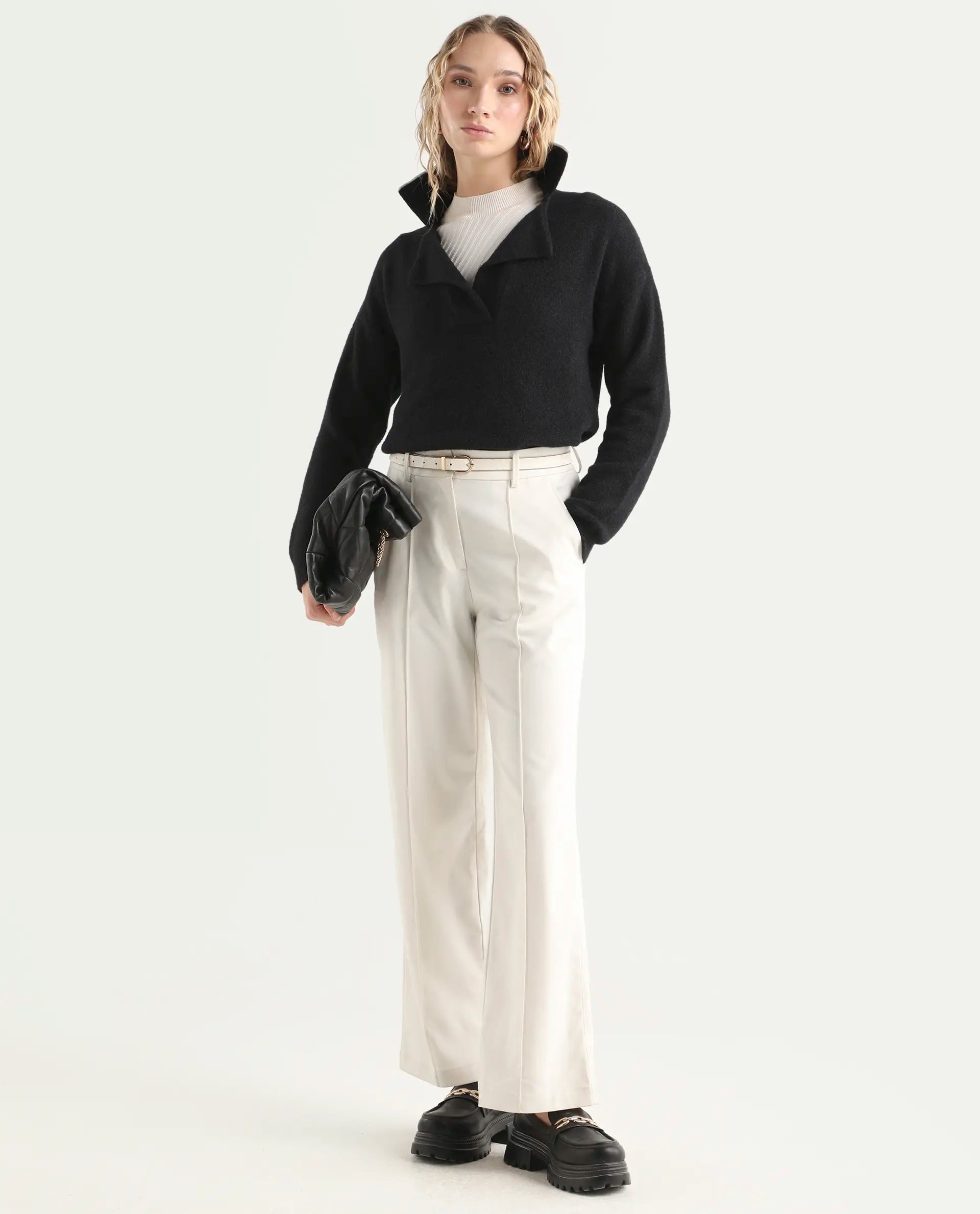 Rareism Women's Sirnak Black Acrylic Spread Collar Plain Relaxed Fit Sweater
