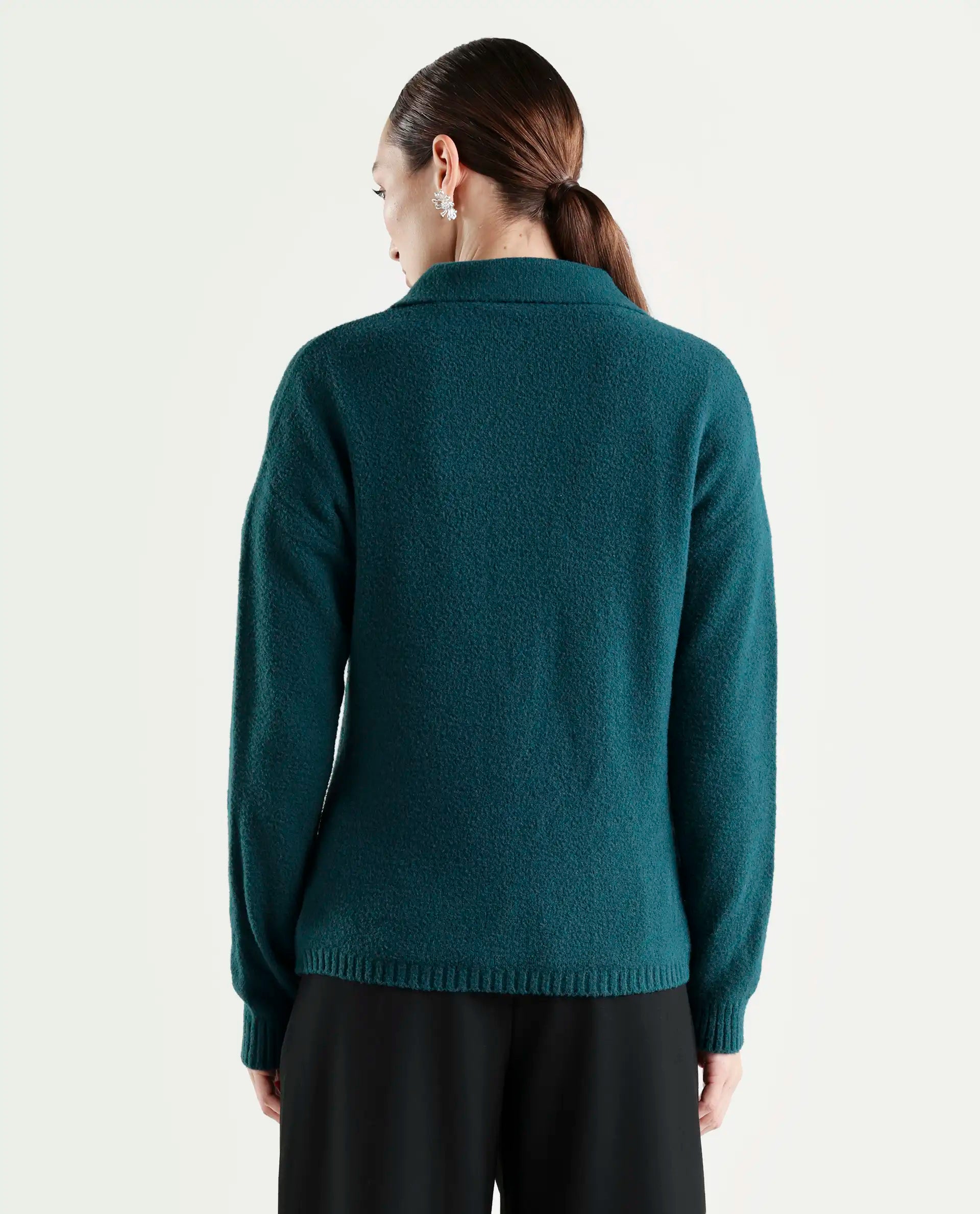 Rareism Women's Sirnak Green Drop Collar Plain Relaxed Fit Sweater